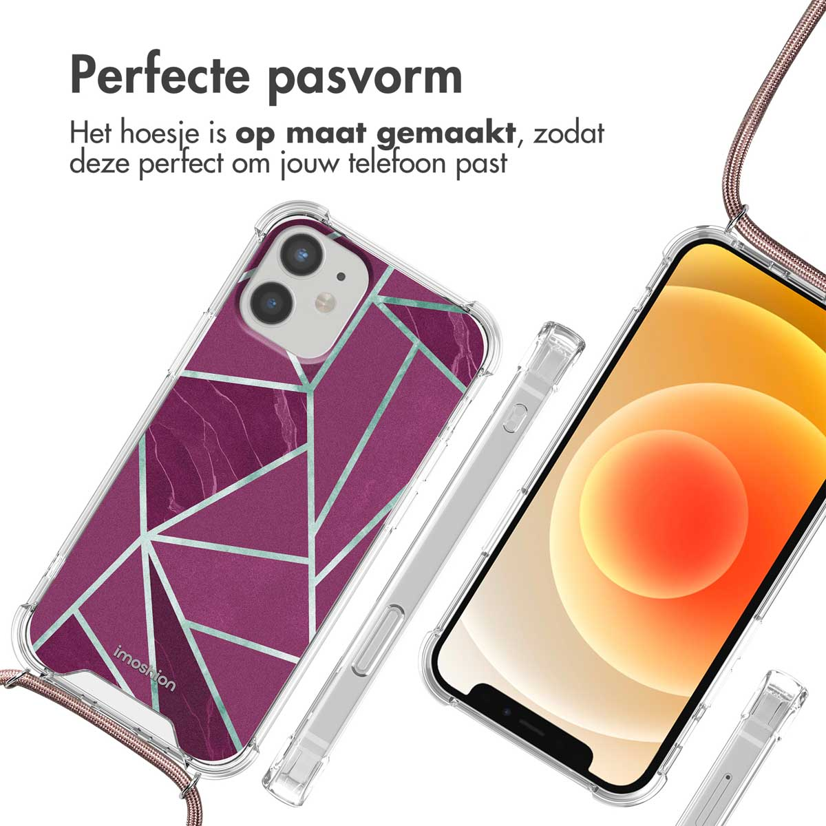 Coque de téléphone avec un motif géométrique. Le téléphone est transparent avec un motif géométrique. Un cordon est attaché.