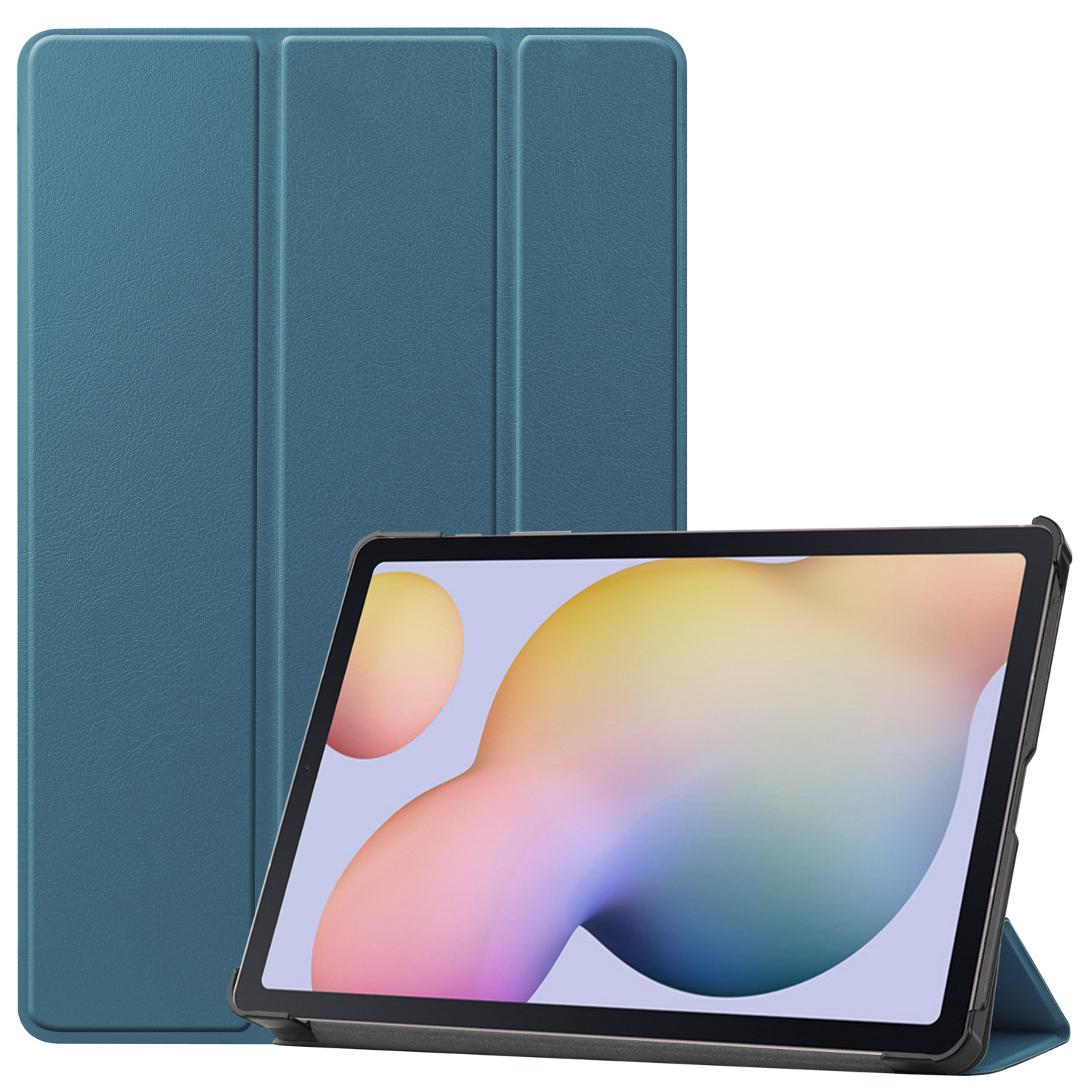 Een tablet in een blauwe hoes, staand en opgevouwen. Het scherm toont een screensaver van blauwe en paarse kleuren.