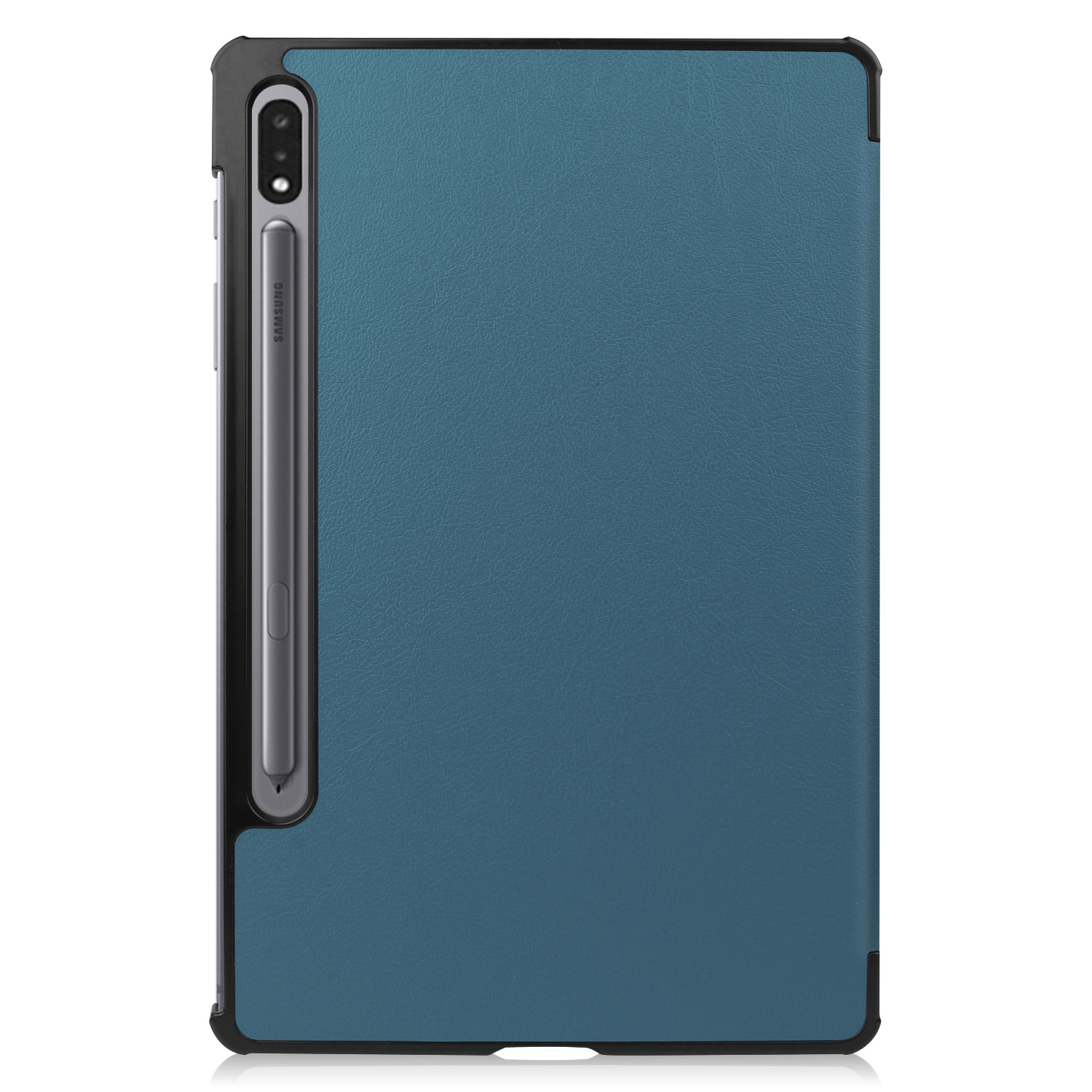 Tablethoes in blauw. Tablet met pen zit in de hoes.