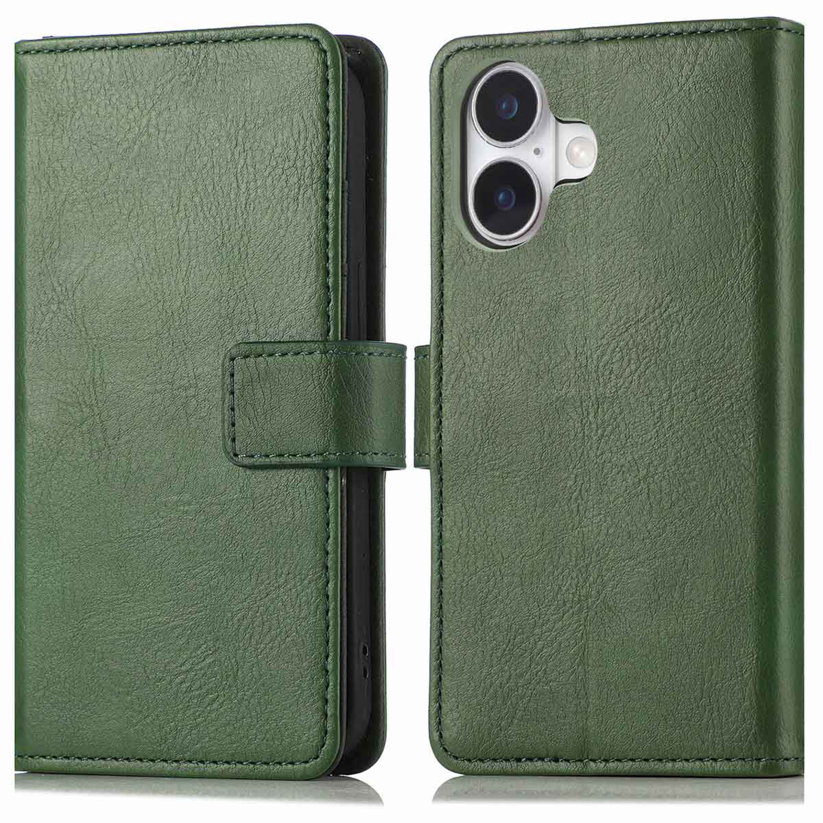 Un étui de téléphone en cuir vert fermé avec une fermeture magnétique. L'arrière a la caméra.
