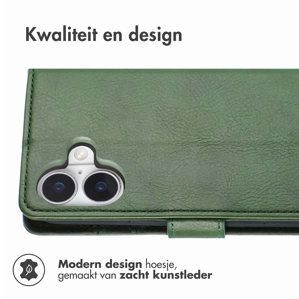 Étui de téléphone vert avec un téléphone à l'intérieur. Texte : design moderne, en cuir artificiel souple.