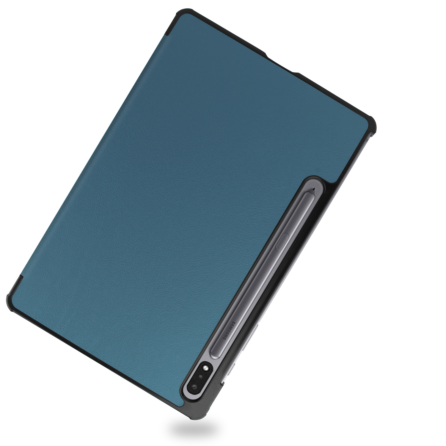 Blauwe tablethoes met een stylus. De hoes is gedeeltelijk open.