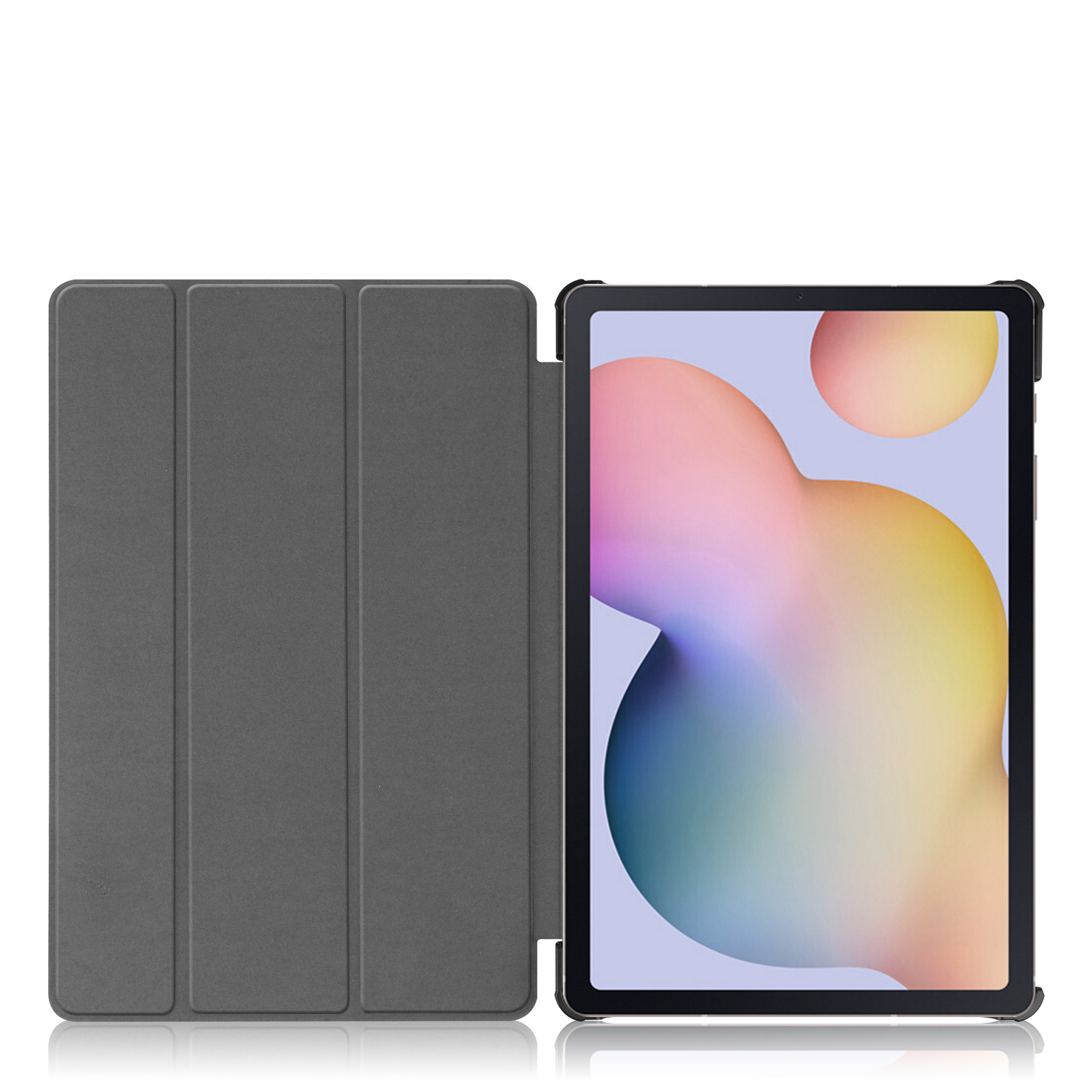 Tablet met een grijze hoes open. Het scherm toont een kleurrijk abstract ontwerp.