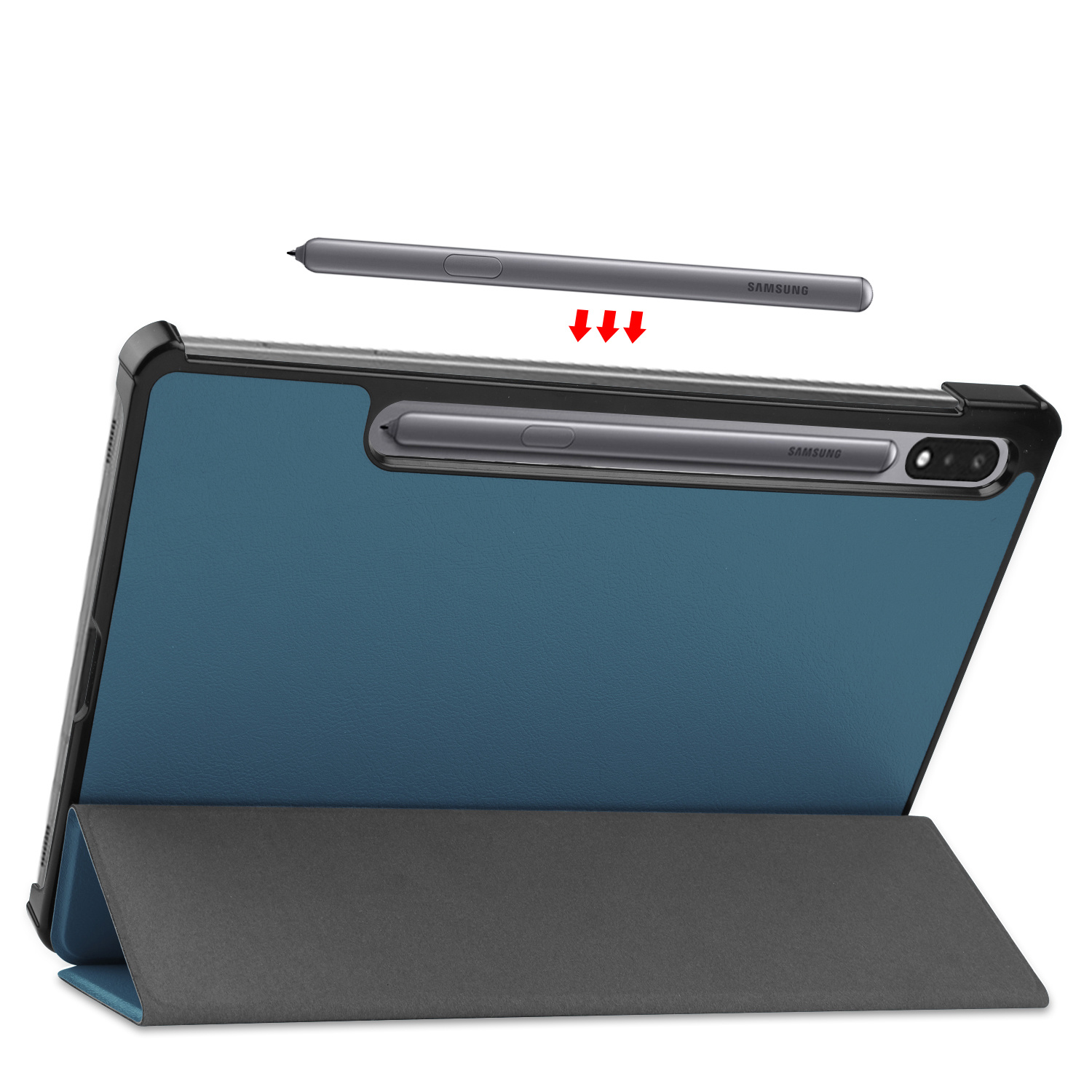 Een tablet met een stylus, een blauwe achterkant en een grijze hoes, met pijlen die ernaar wijzen.