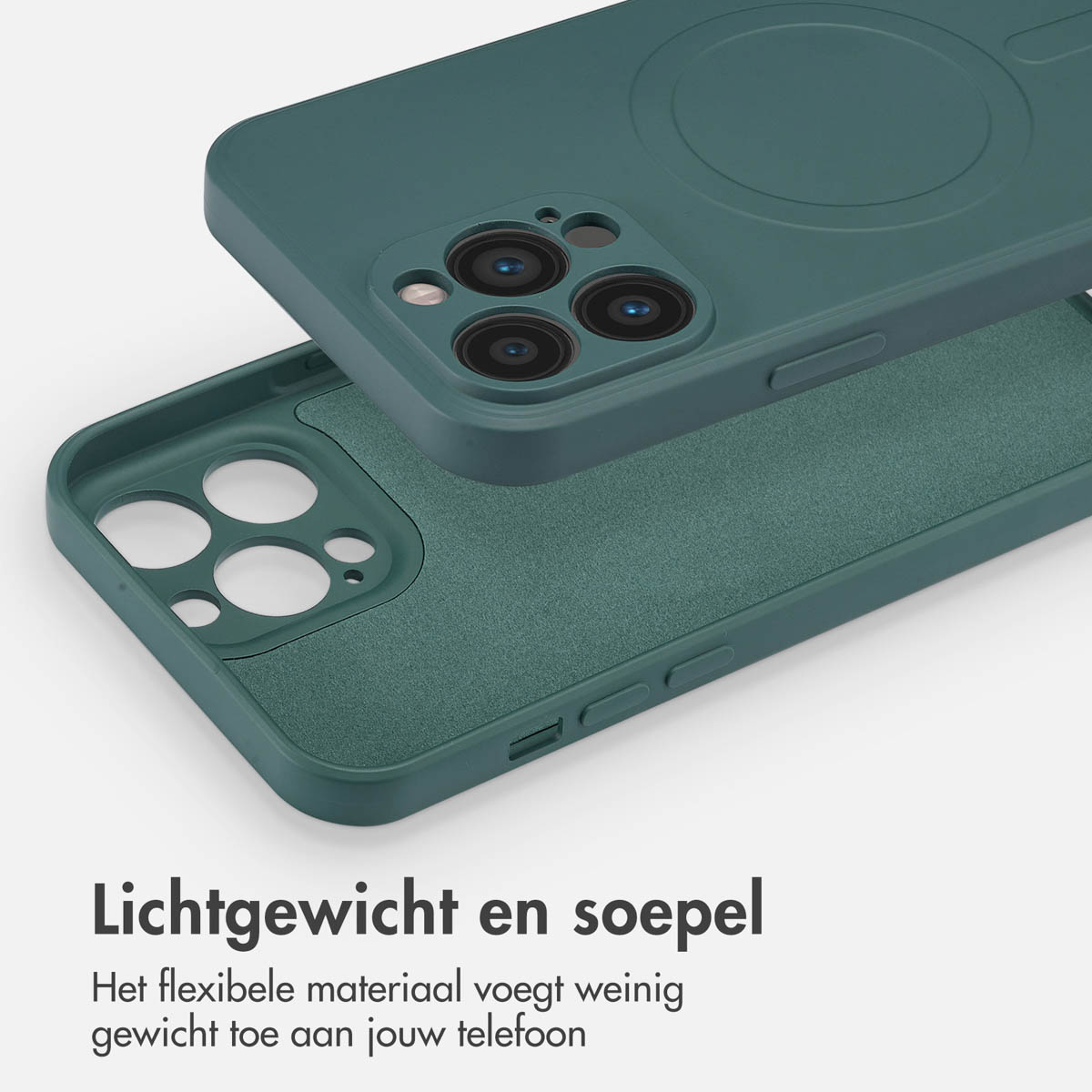Coque de téléphone vert foncé en deux parties présentant l'arrière et l'intérieur sur un fond neutre.