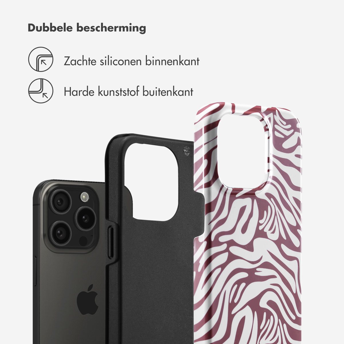 Custodia per telefono con stampa zebrata. Un telefono nero è accanto. Testo: Doppia protezione e silicone morbido all'interno.
