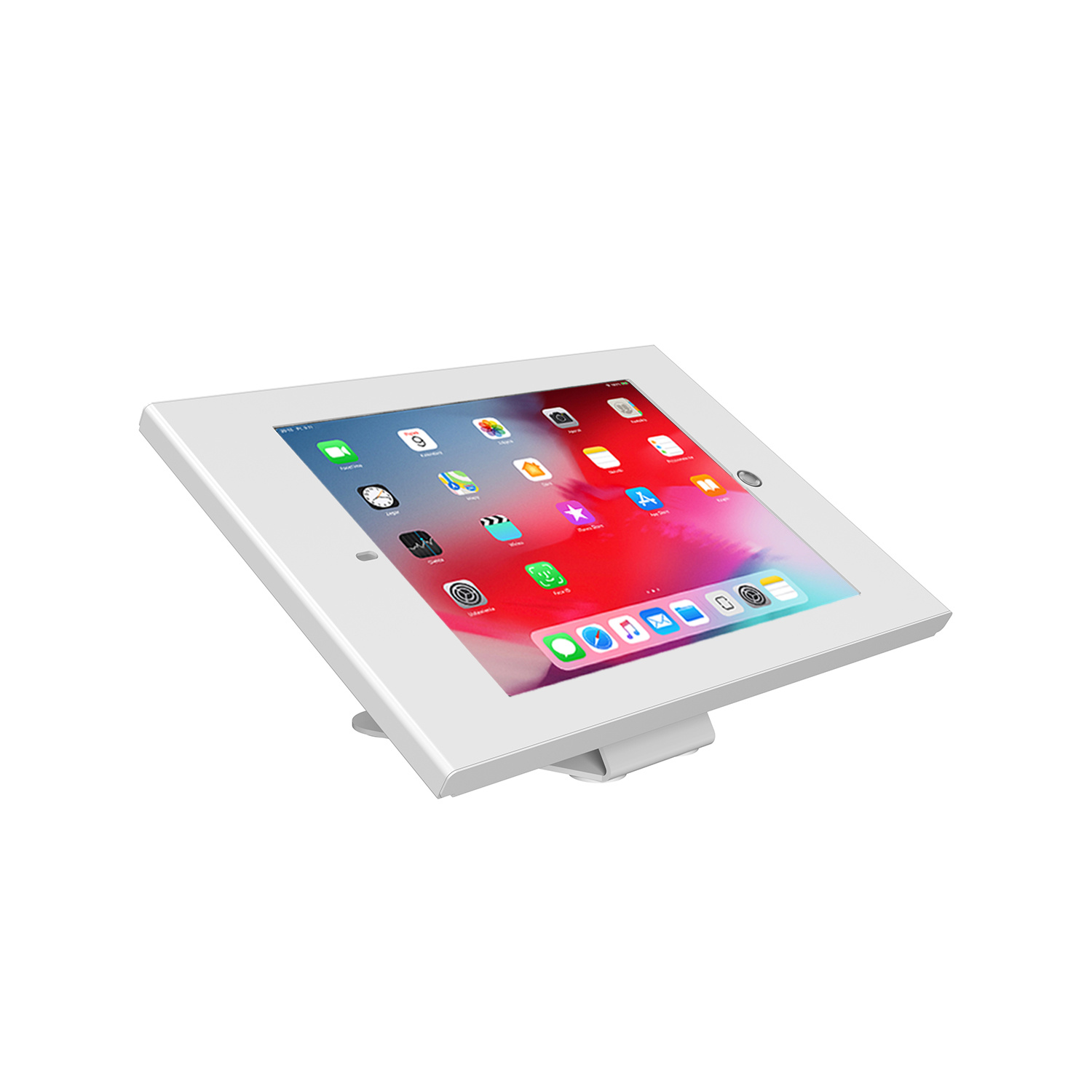 Tableta blanca con pantalla mostrando iconos de aplicaciones, montada en un soporte.