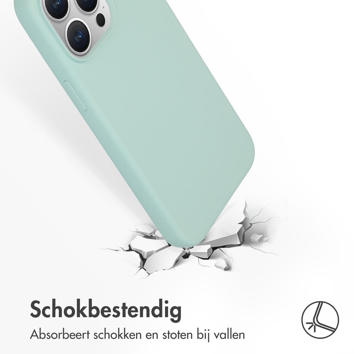 Mintgroen telefoonhoesje met een barst op een witte achtergrond. De hoes ligt op de grond.