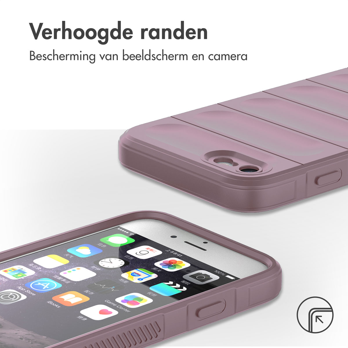 Custodia viola con telefono, che mostra app sullo schermo. Testo: Bordi rialzati.