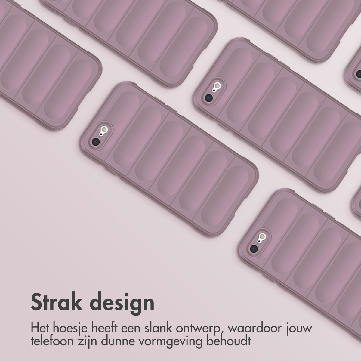 Diverse custodie per telefono lavanda in un motivo. Testo sovrapposto: Design elegante.