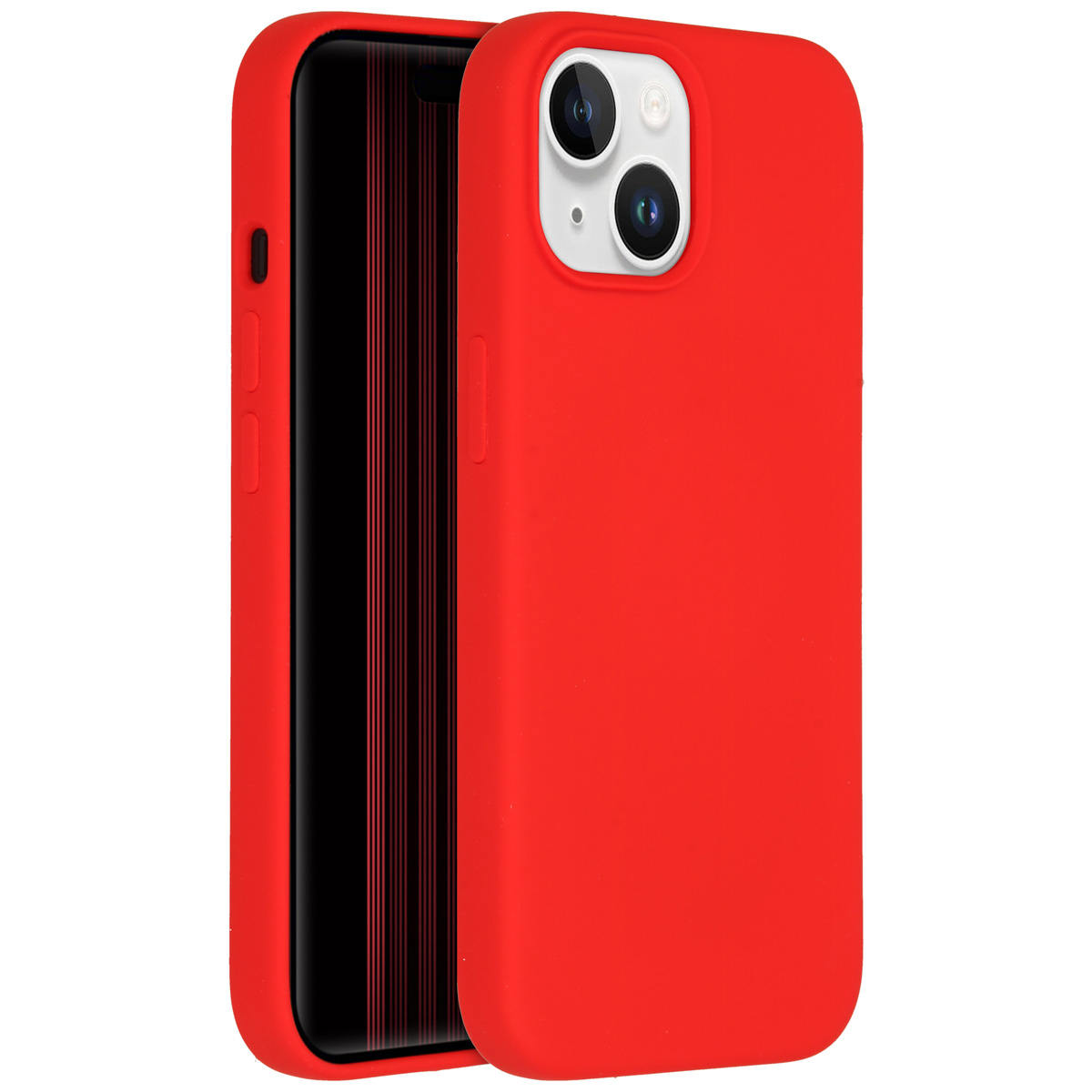Ein rotes Telefon in einer Hülle. Das Telefon ist schwarz und hat vertikale rote Linien auf dem Bildschirm.