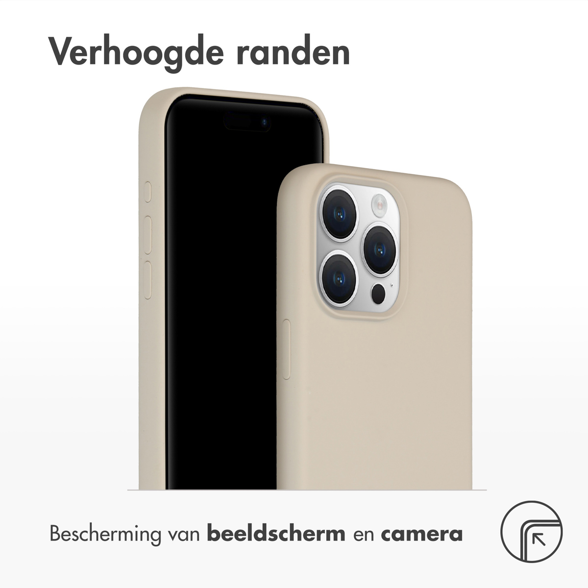Beige telefoonhoes met een telefoon erin. De telefoon is zwart.