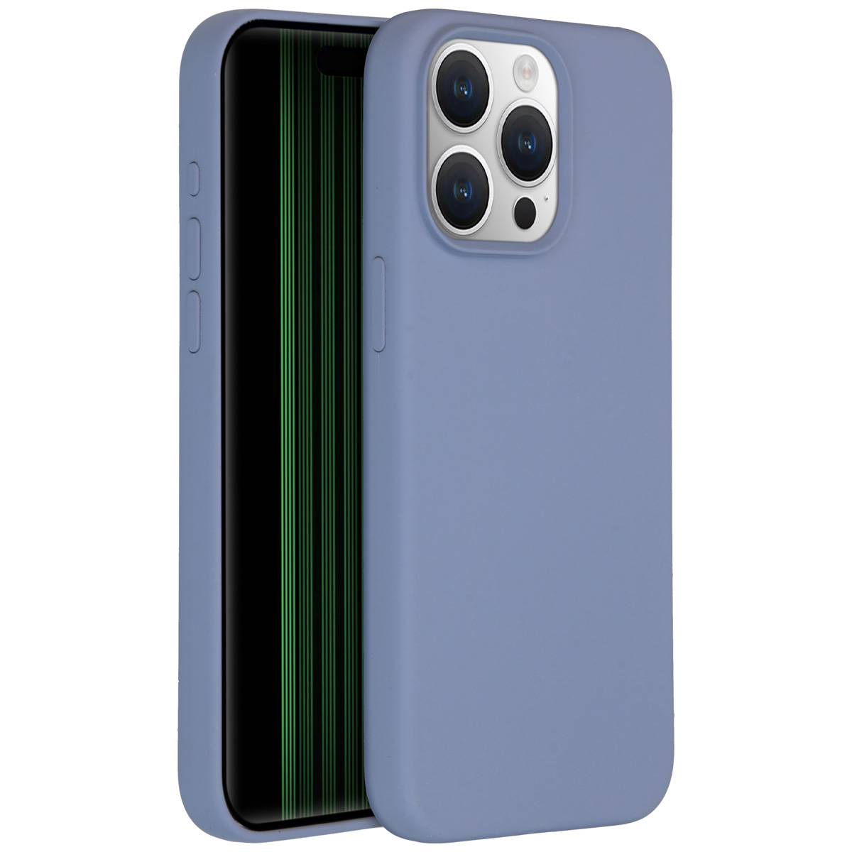 Een lichtblauwe telefoonhoes met een telefoon erin. De telefoon heeft drie camera's en een zwart scherm met een groene lijn.