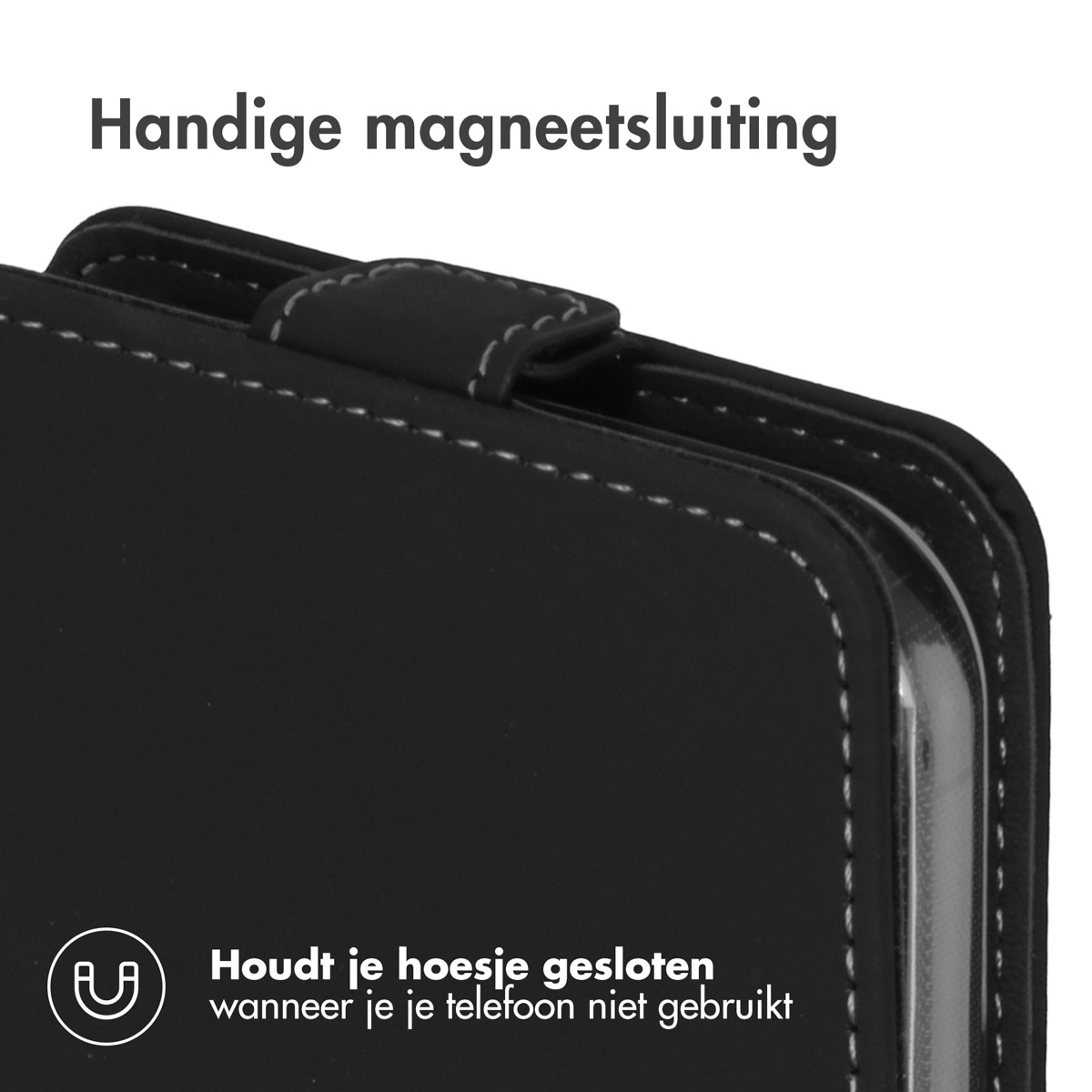 Geschlossene schwarze Handyhülle. Text: Praktischer Magnetverschluss.