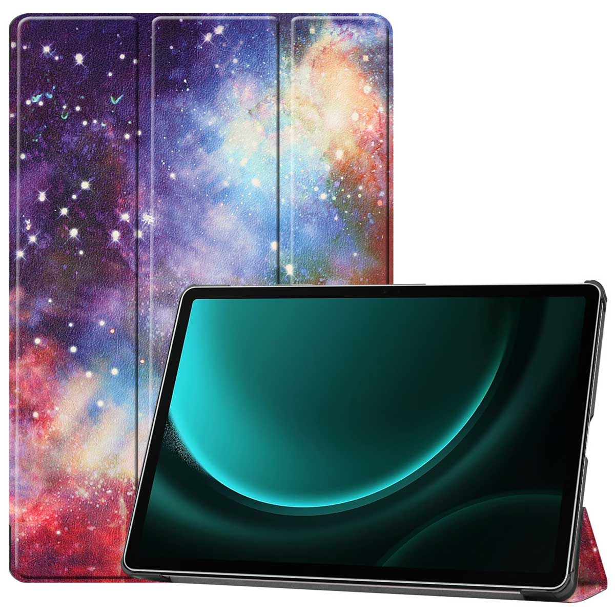 Tablet met een galaxy design hoes. De hoes is open en het scherm van de tablet toont een groene gradiënt met een gebogen ontwerp.