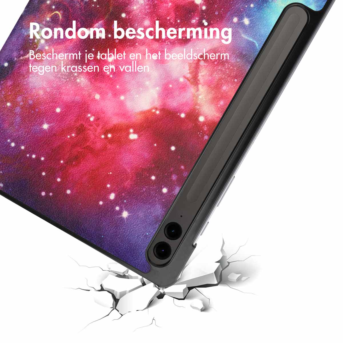Tablet met hoes, rustend op een gebarsten oppervlak. Tekst: Rondom bescherming.