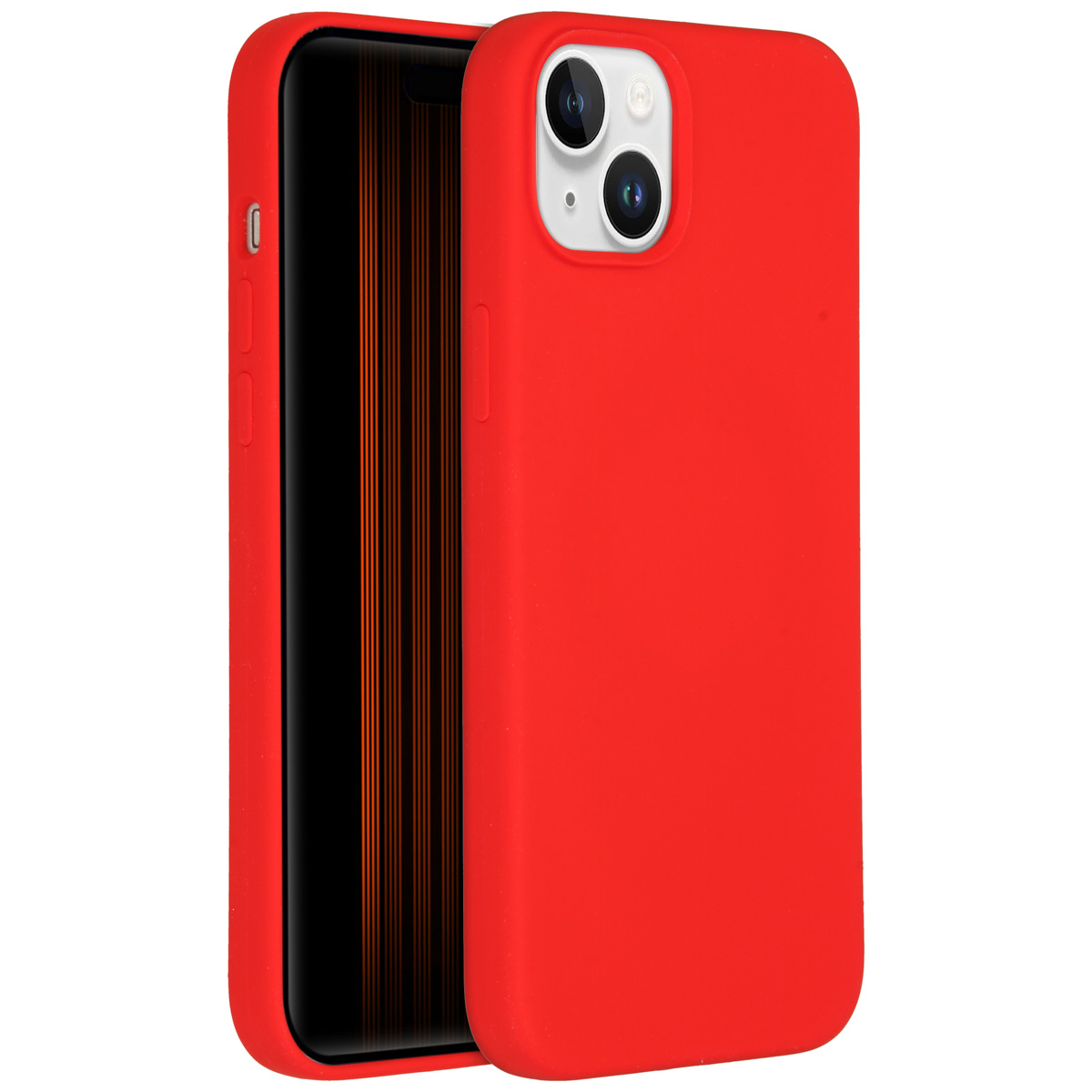 Een rode telefoonhoes, met een zwart scherm, met de camera en knoppen van de telefoon.