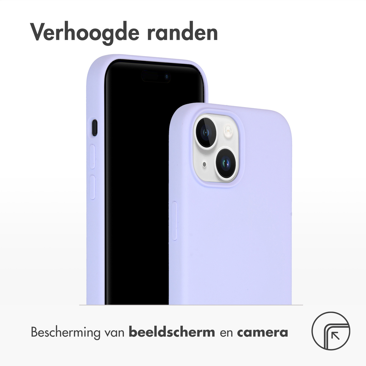 Twee telefoons in hoesjes. Tekst: Verhoogde randen. Bescherming van scherm en camera.