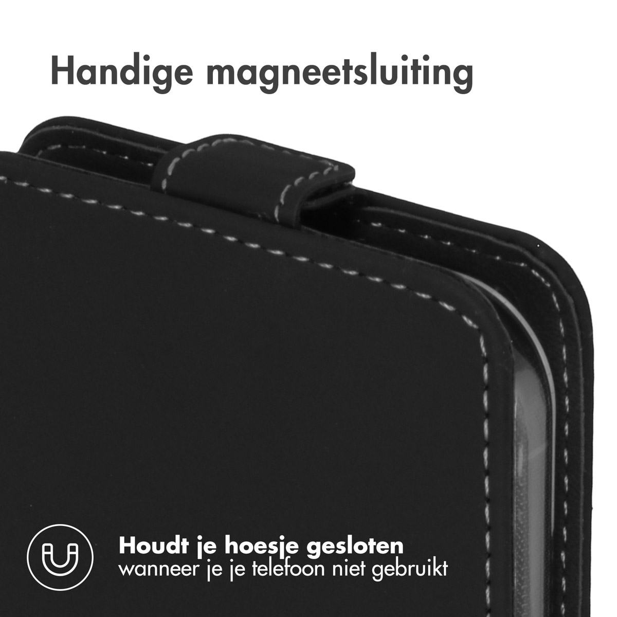 Close-up of a black phone case with a magnetic clasp. Text: Handy magnetic closure. Keeps your case closed.
