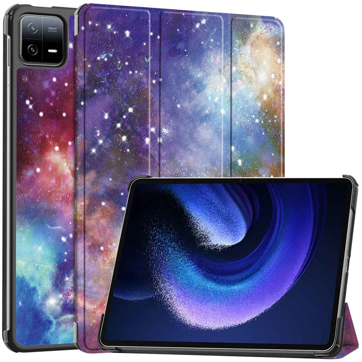Tablet with a galaxy design cover. The cover is open, and the tablet's screen displays a purple gradient with a curved design.