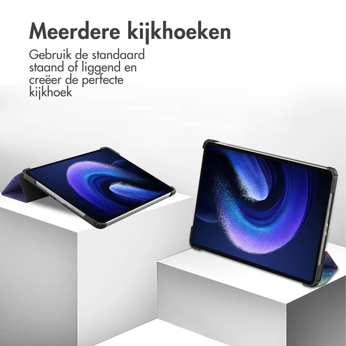 Two tablets in cases. The screens display colorful flowing lines on a black background.