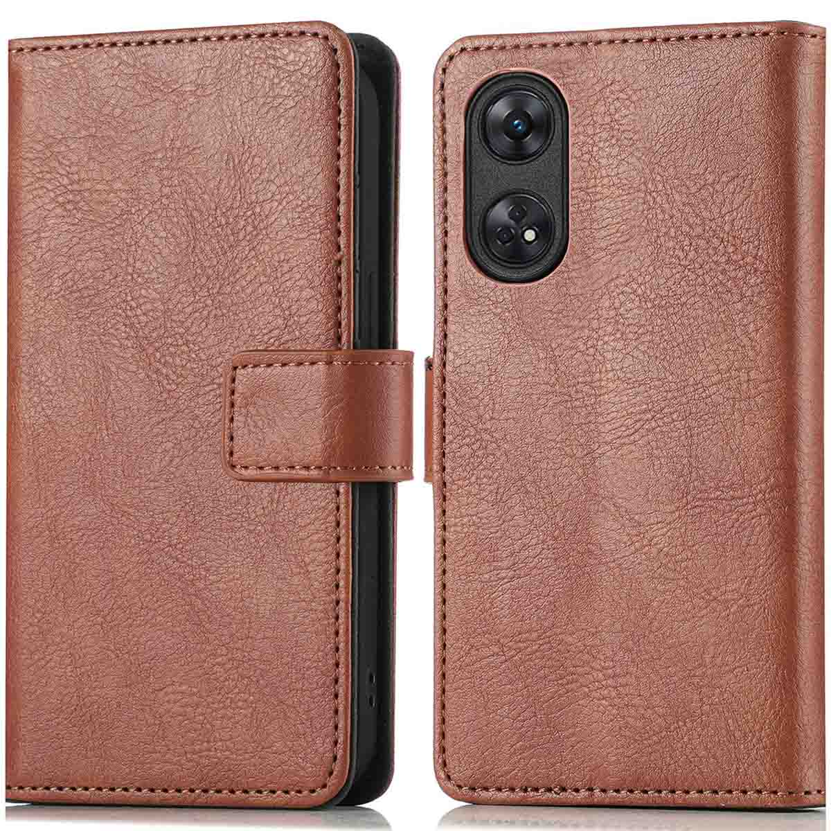 Étui de téléphone en cuir marron, style portefeuille, ouvert et fermé. Fermeture magnétique.