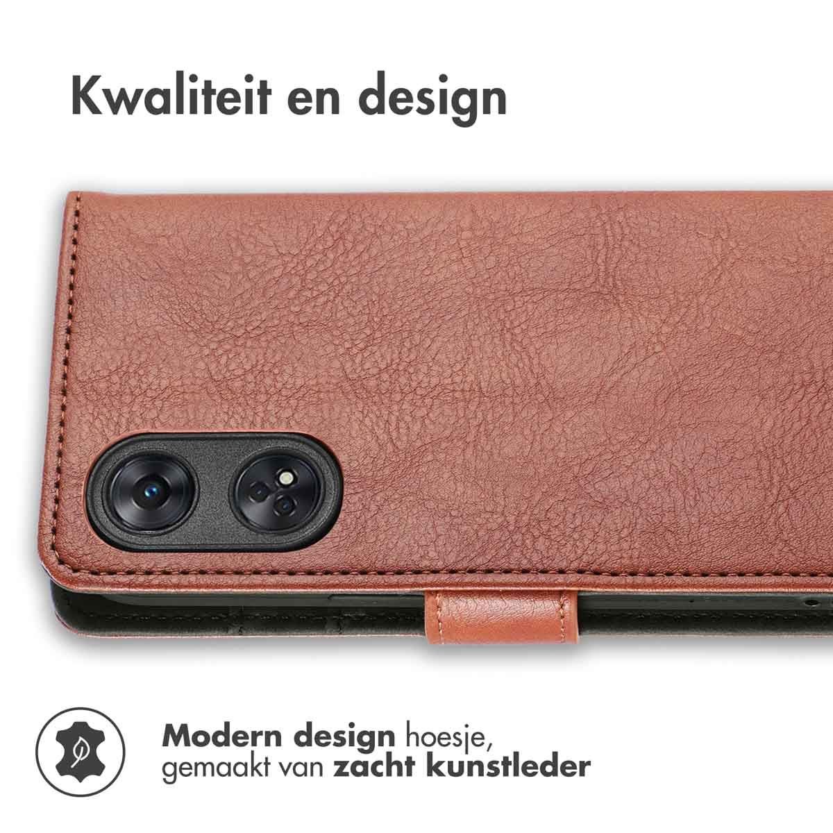 Une coque de téléphone marron avec une texture en cuir, avec une sangle en cuir et une fermeture.