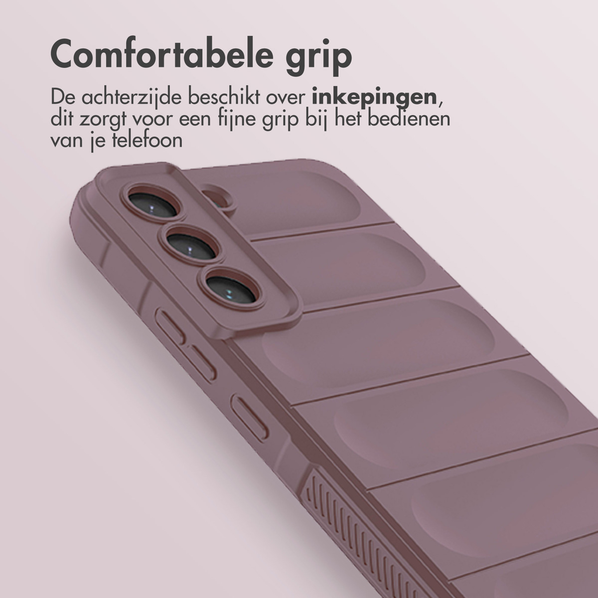 Telefoonhoesje detail met tekst: Comfortabele grip. De achterkant heeft inkepingen, wat zorgt voor een fijne grip.