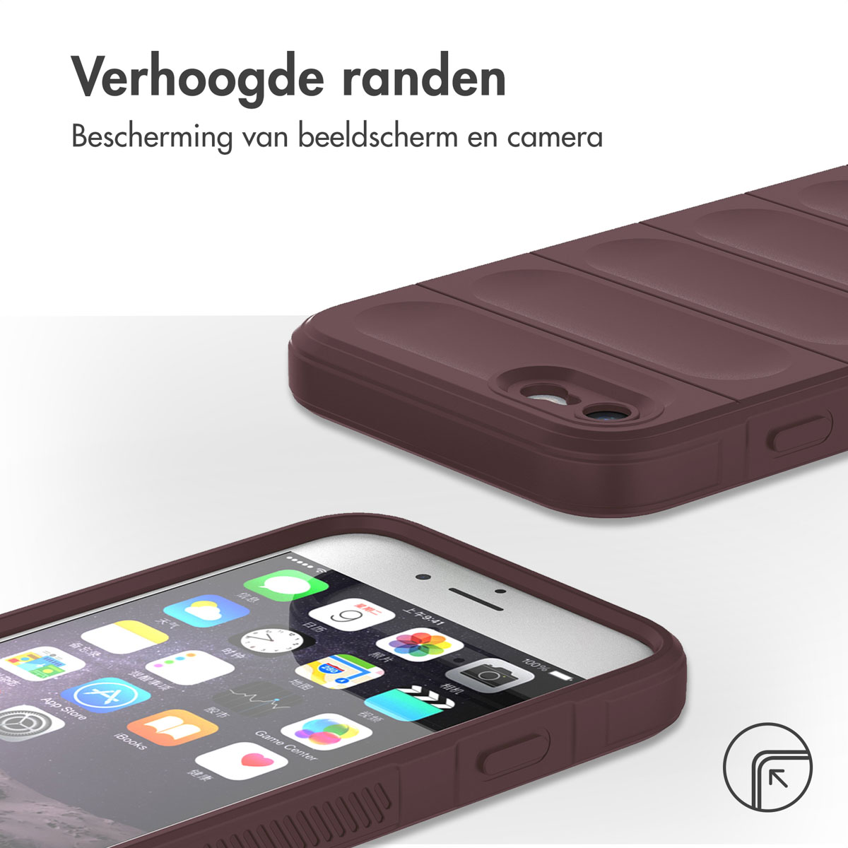 Telefon mit dunkelbrauner Hülle. Text: Schutz von Bildschirm und Kamera.