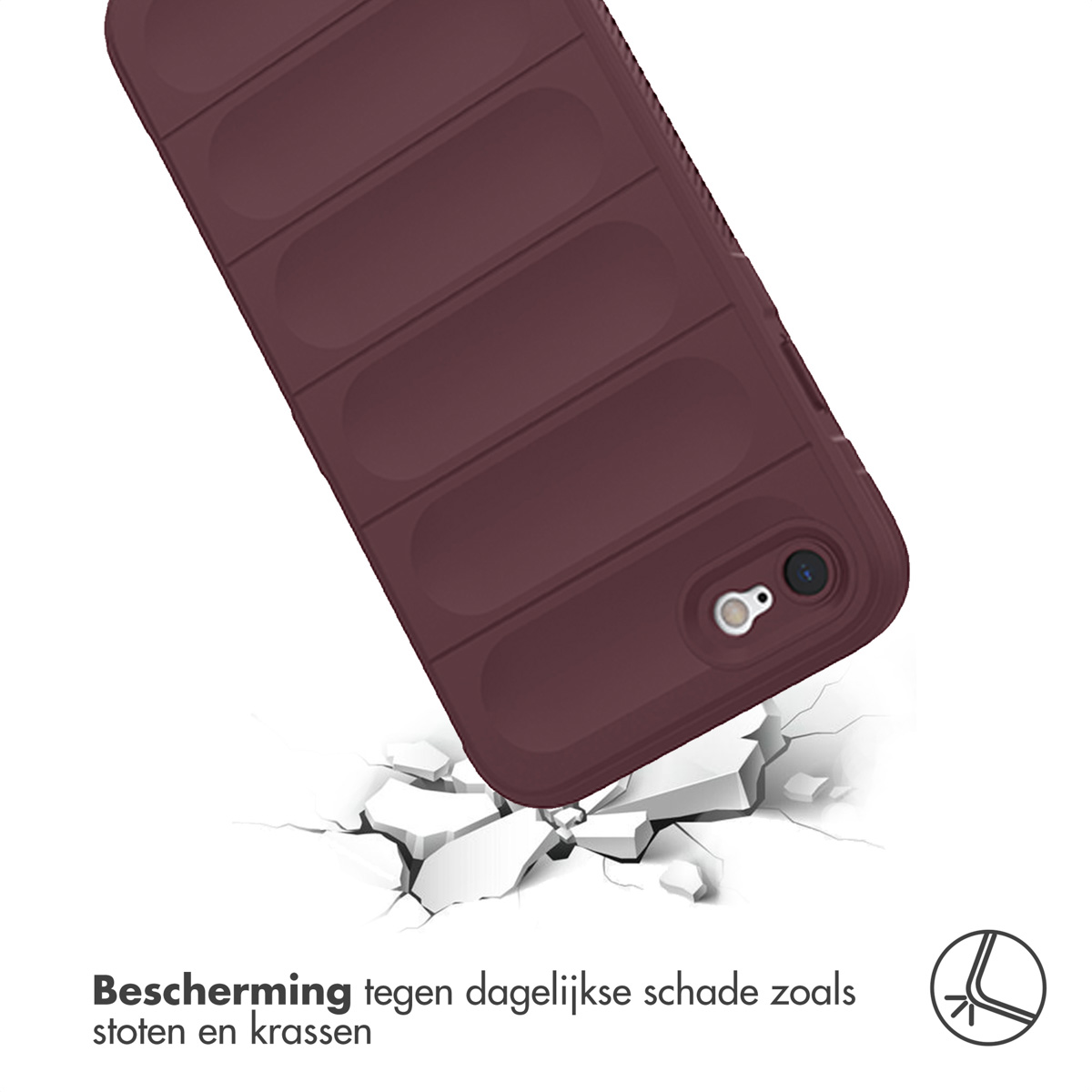 Eine bordeauxfarbene Handyhülle fällt und reißt den Boden auf. Es hat ein strukturiertes Design. Weißer Hintergrund, weißer Text.