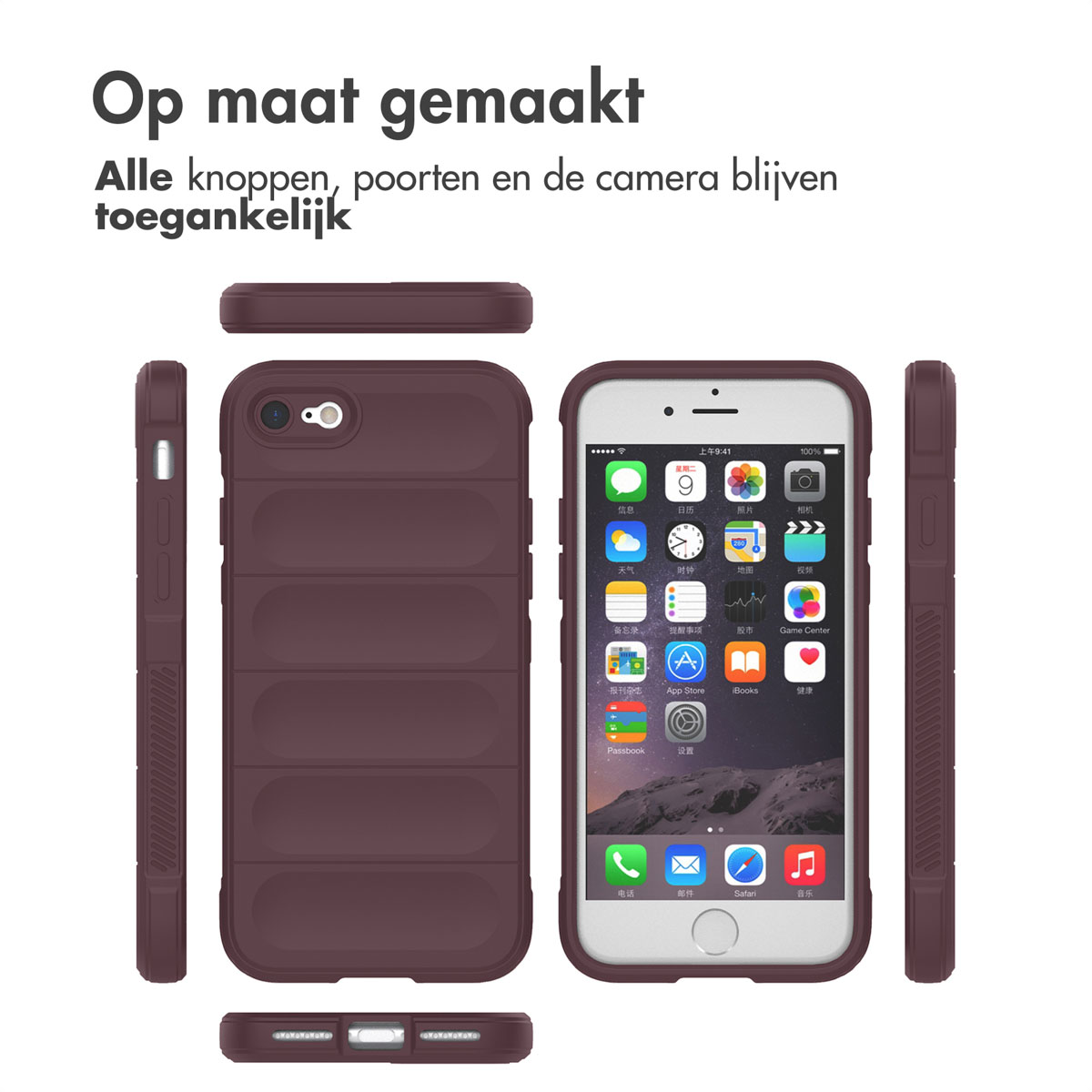 Telefon in brauner Hülle, alle Seiten und den Bildschirm zeigend.