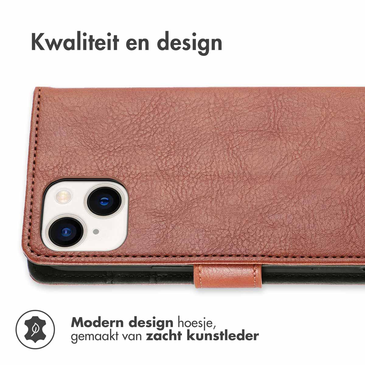 Bruine leren telefoonhoes. Tekst: Kwaliteit en design.