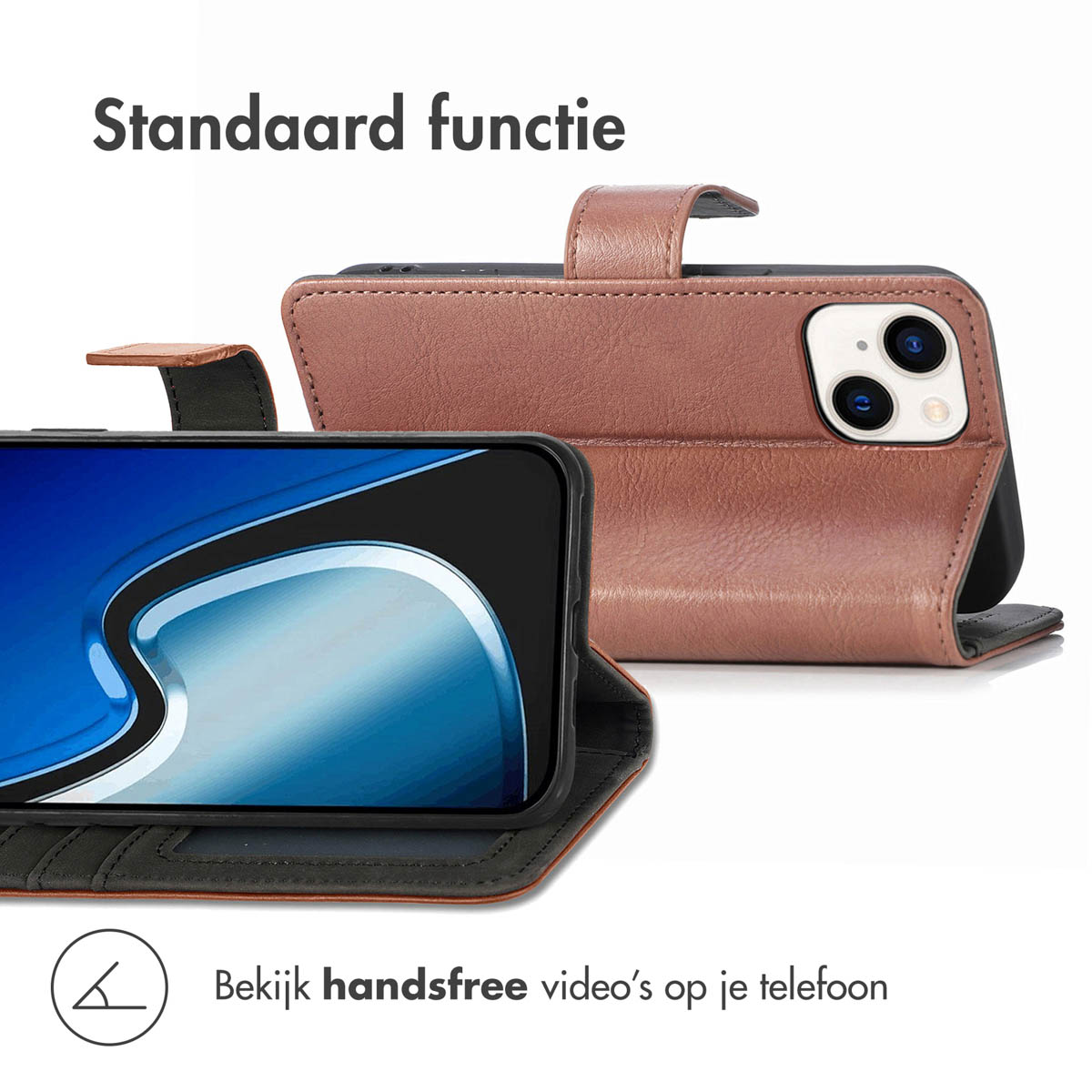 Een telefoon in een bruine leren hoes, open om het scherm weer te geven. Boven staat 'Standaard functie'.
