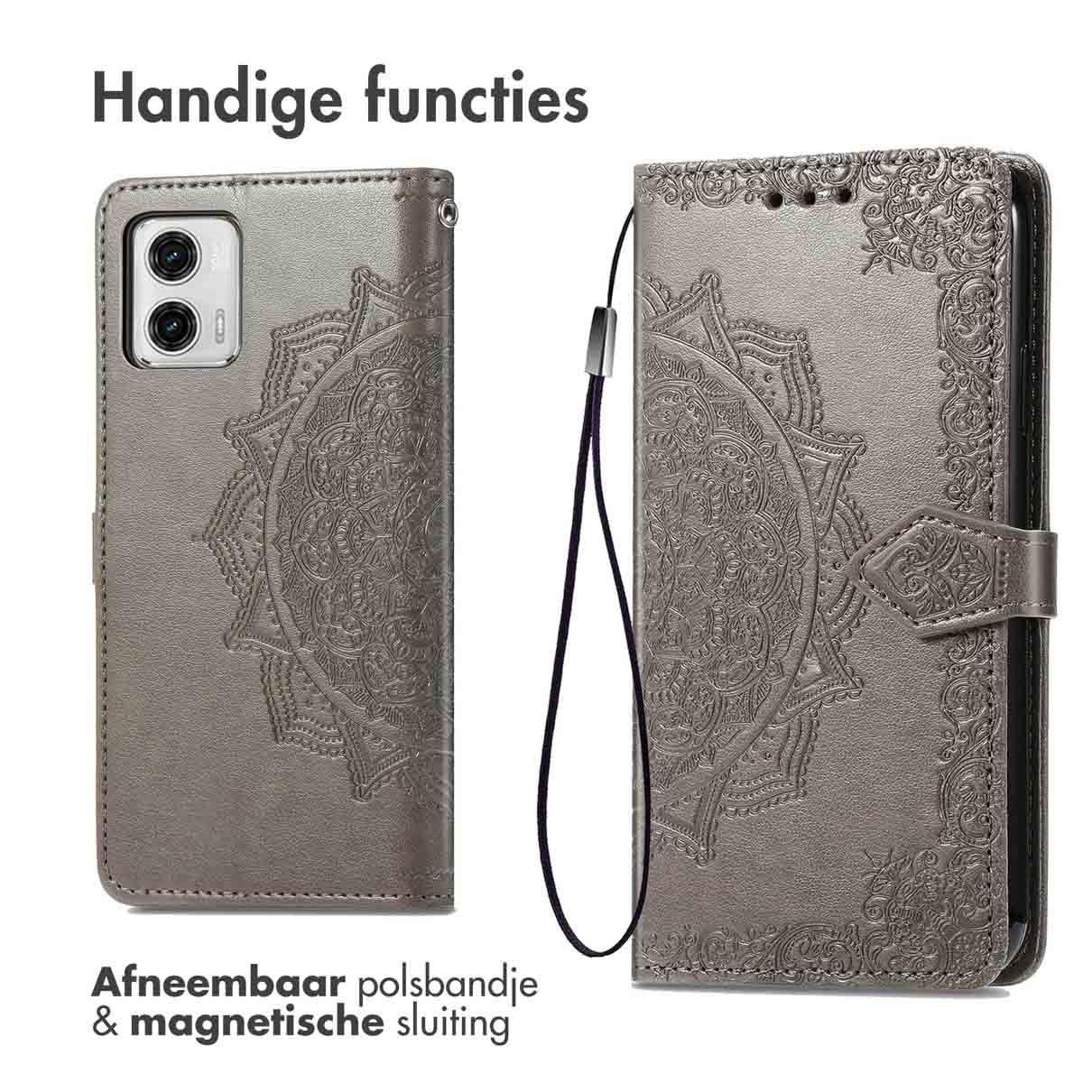 Twee telefoonhoesjes met een decoratief patroon, één open en één gesloten, met een riempje.