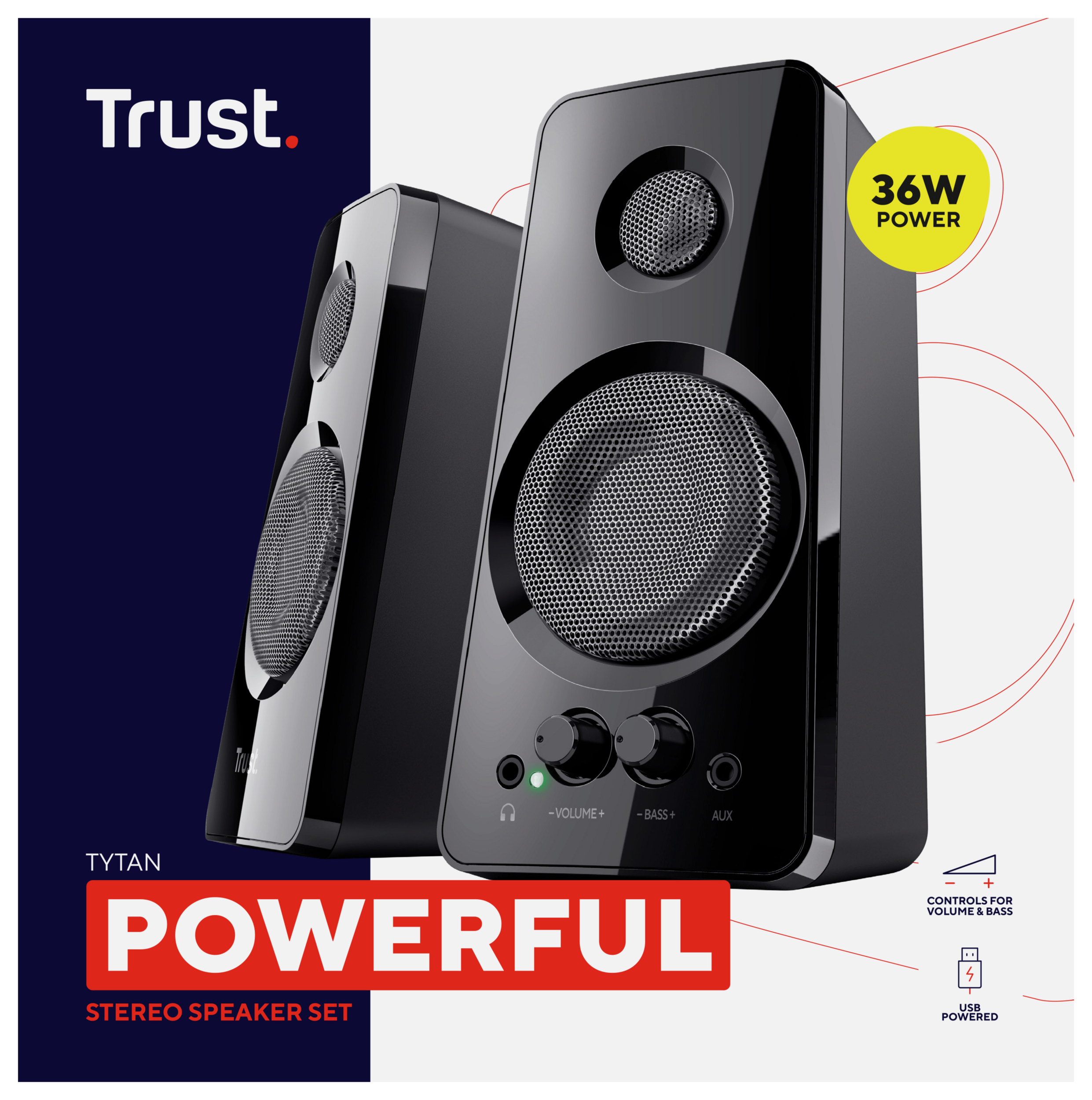 Dwa czarne głośniki na białym tle. Tekst na głośnikach brzmi 'Trust' i 'Powerful'.