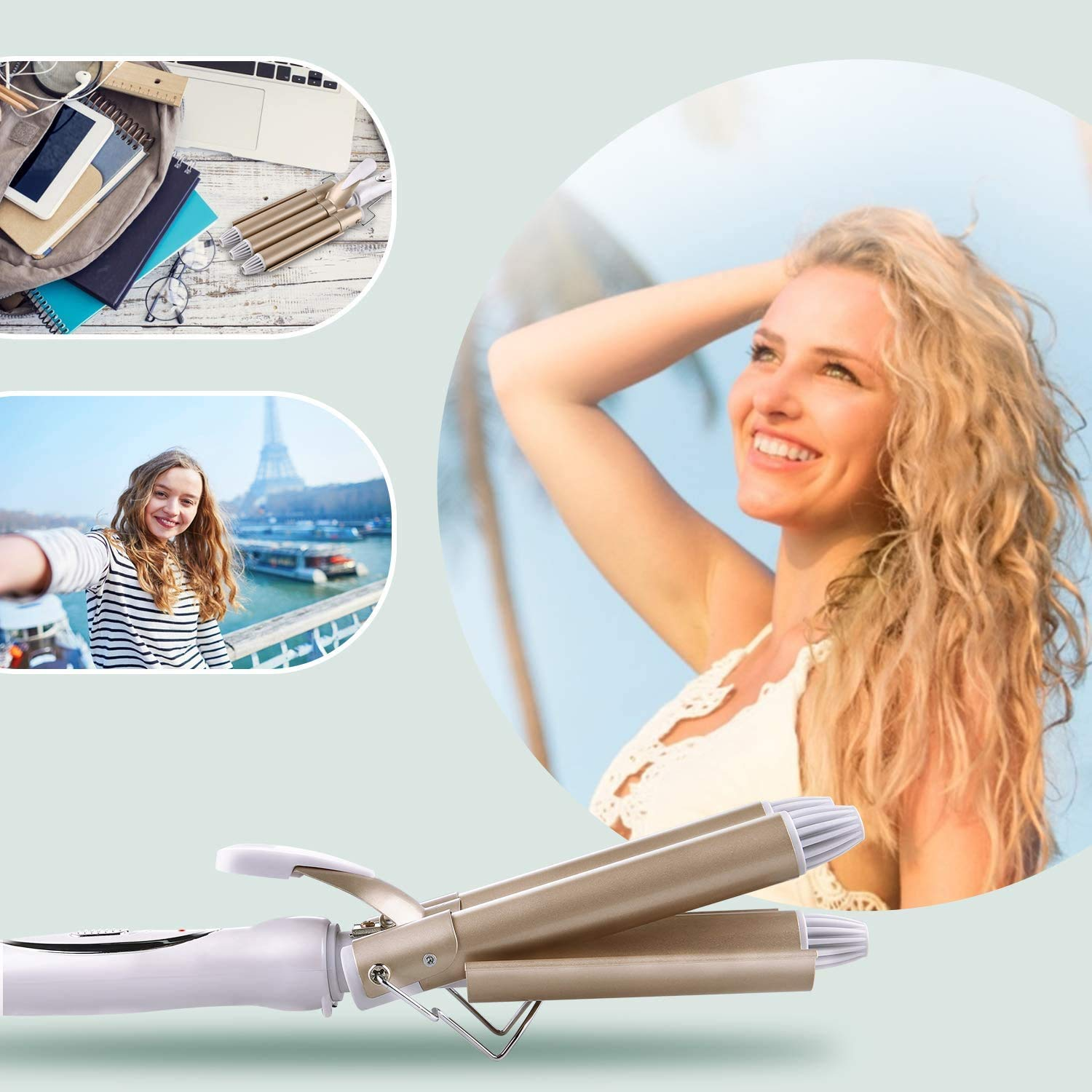 Kobieta z kręconymi włosami używająca lokówki, z innymi zdjęciami.