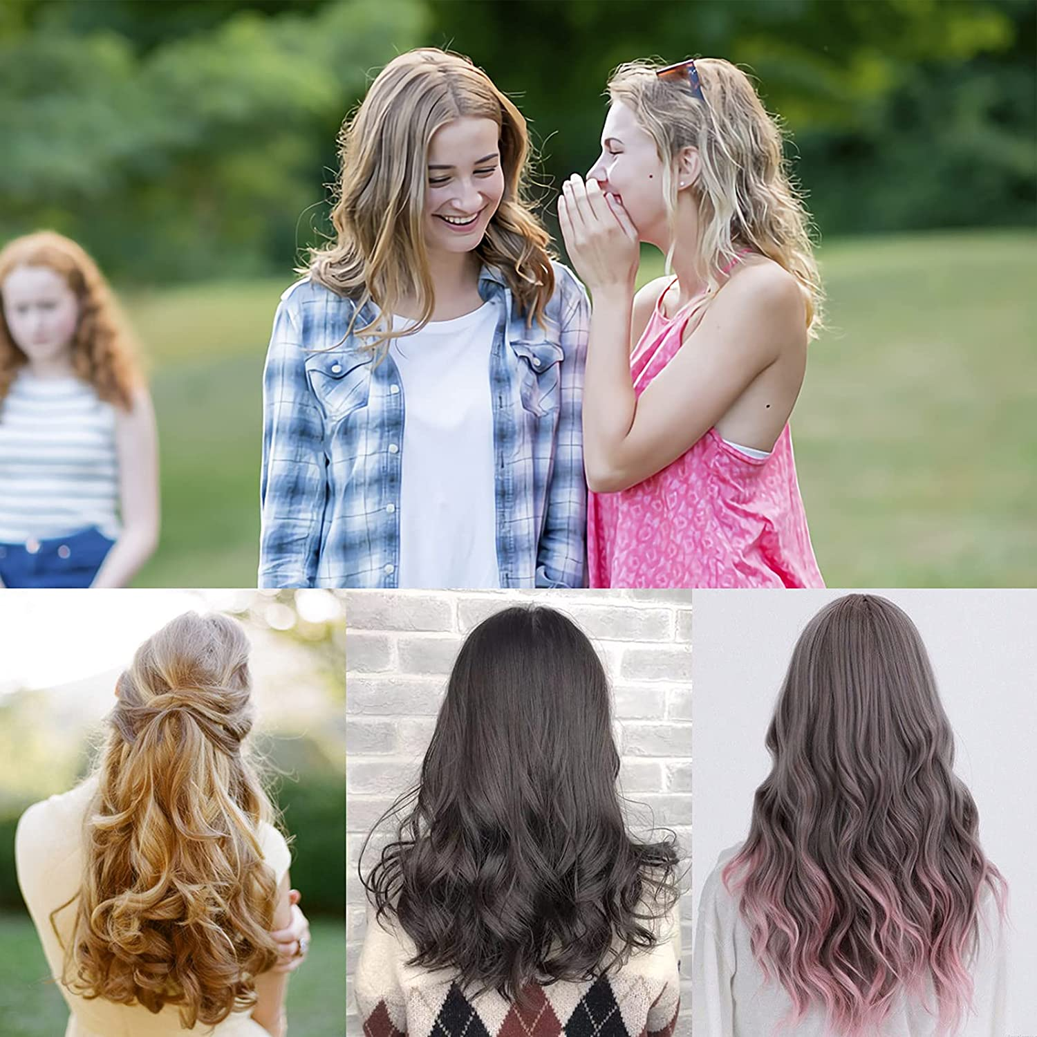 Dwie kobiety szepczą, inna patrzy w bok. Fryzury: kręcone, proste, różowe końcówki.