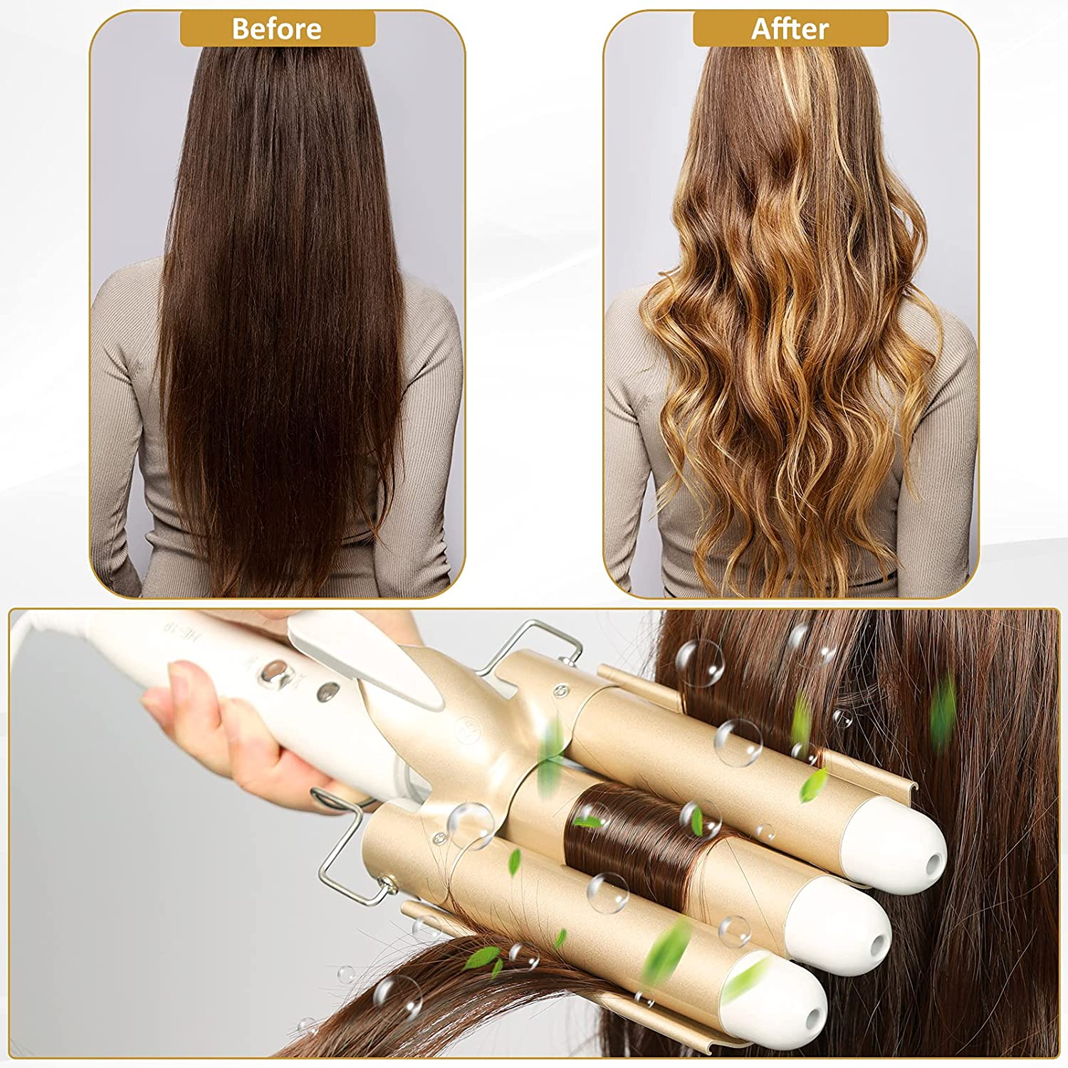 Zdjęcie przed i po kręceniu włosów. Ręka trzyma lokówkę, pokazując proces stylizacji.