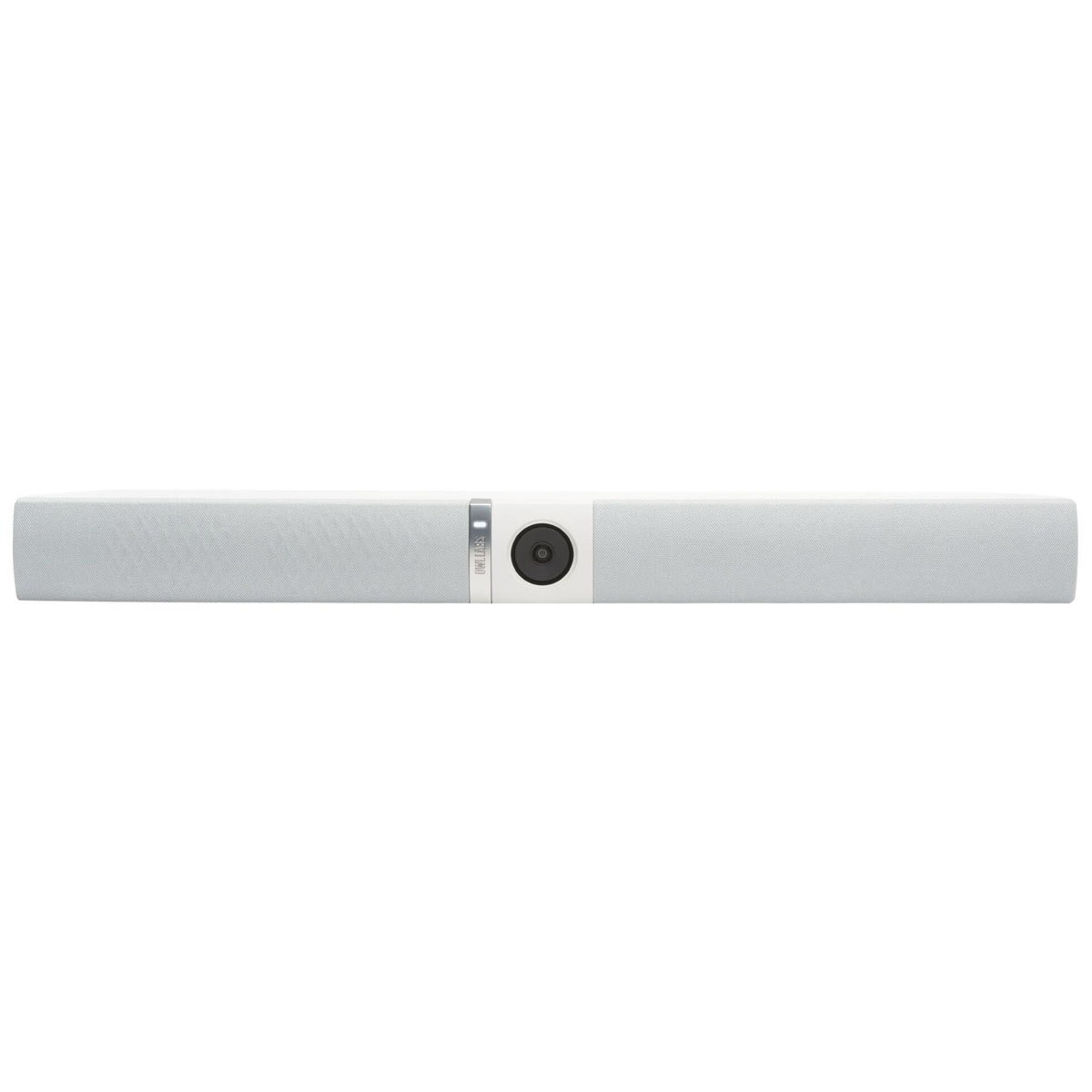 Lange, weiße Soundbar mit zentralem Lautsprecher und dunkel gefärbtem Panel.