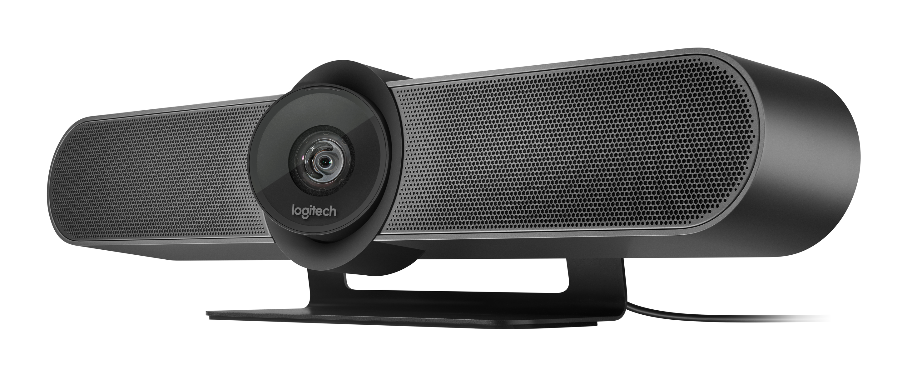 Czarny wideokonferencyjny Logitech na białym tle. Posiada kamerę i głośnik.