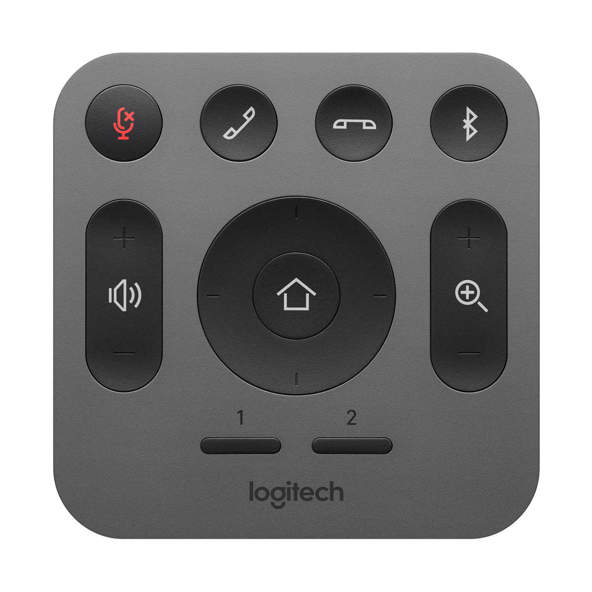 Szary pilot Logitech. Posiada przyciski do wyciszania, połączeń, głośności, domu, zoomu i Bluetooth.