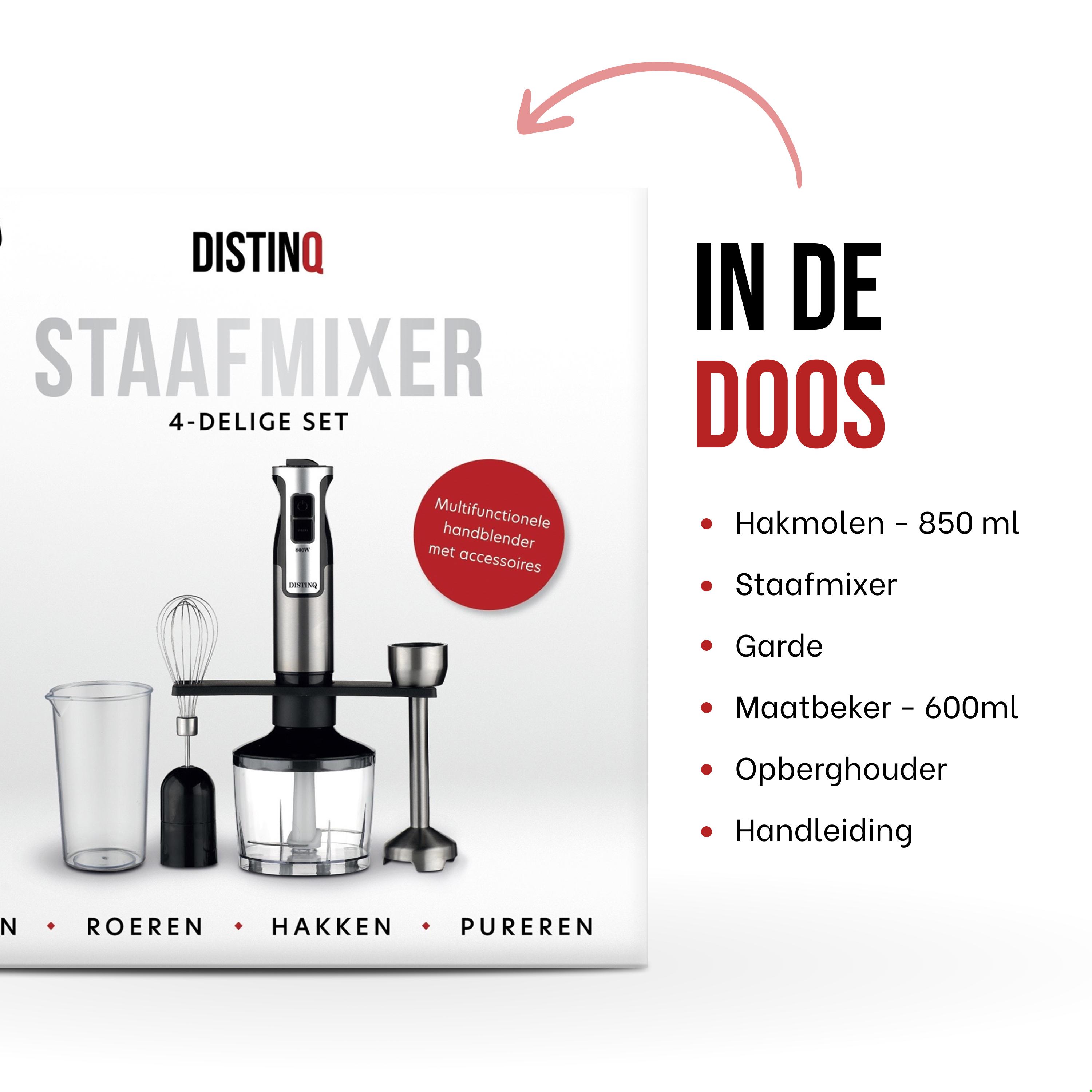 A blender set with a blender, whisk, beaker, and other accessories, with text in Dutch.