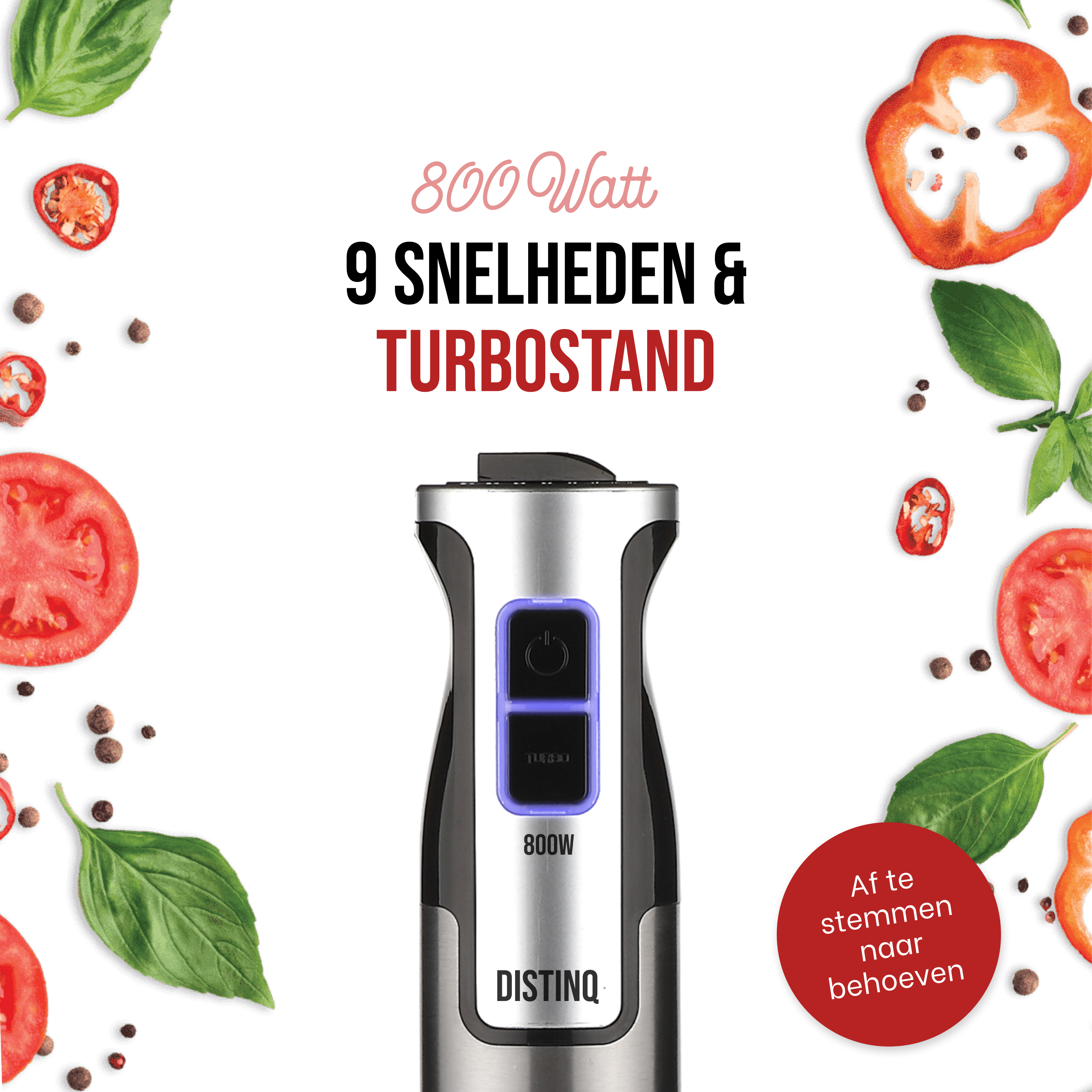 Silver and black blender with tomatoes and leaves around it. Text: 800 Watt, 9 speeds & turbo stand.
