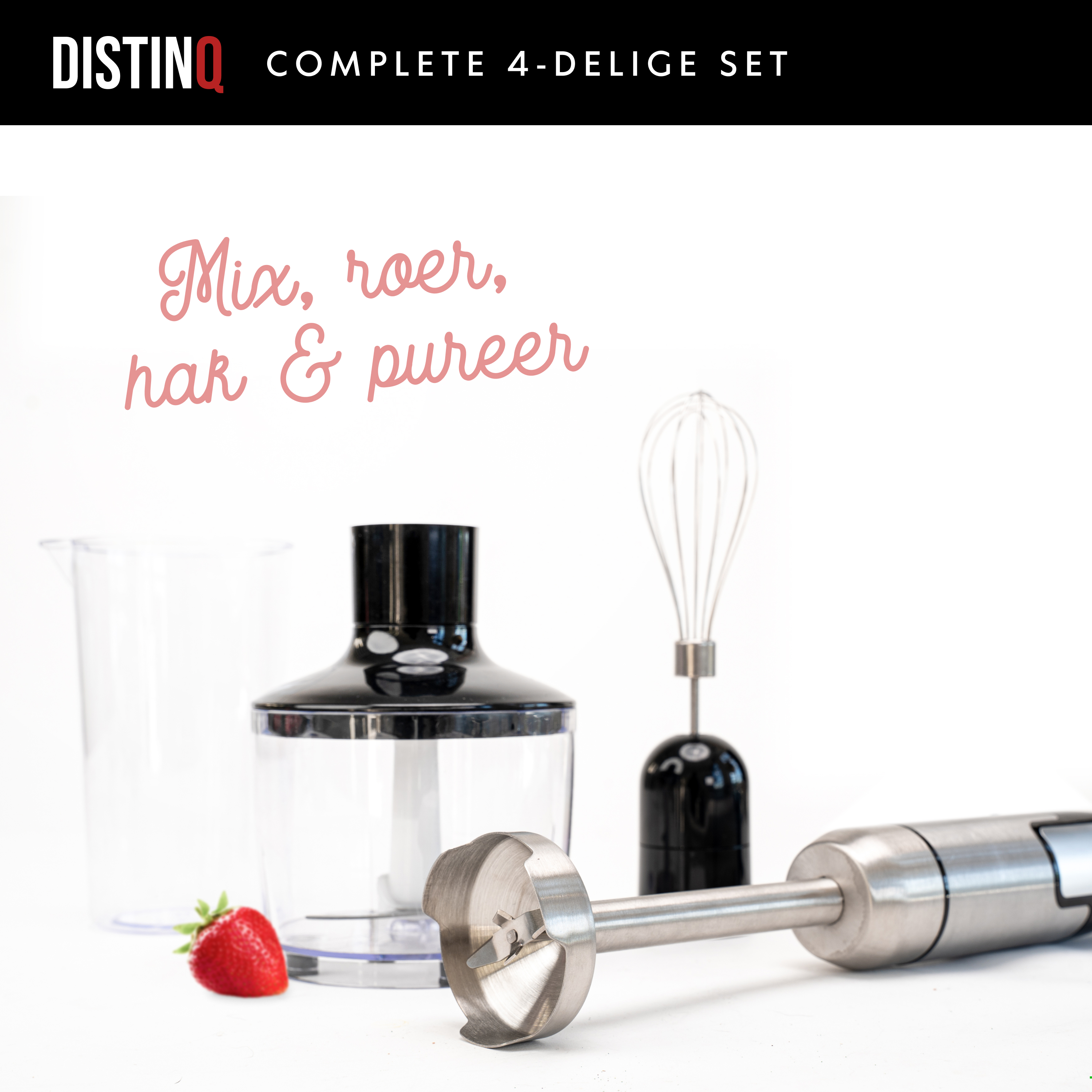 A blender set, including a blender, whisk, beaker, and a strawberry. The text says 'Mix, stir, chop & puree'.