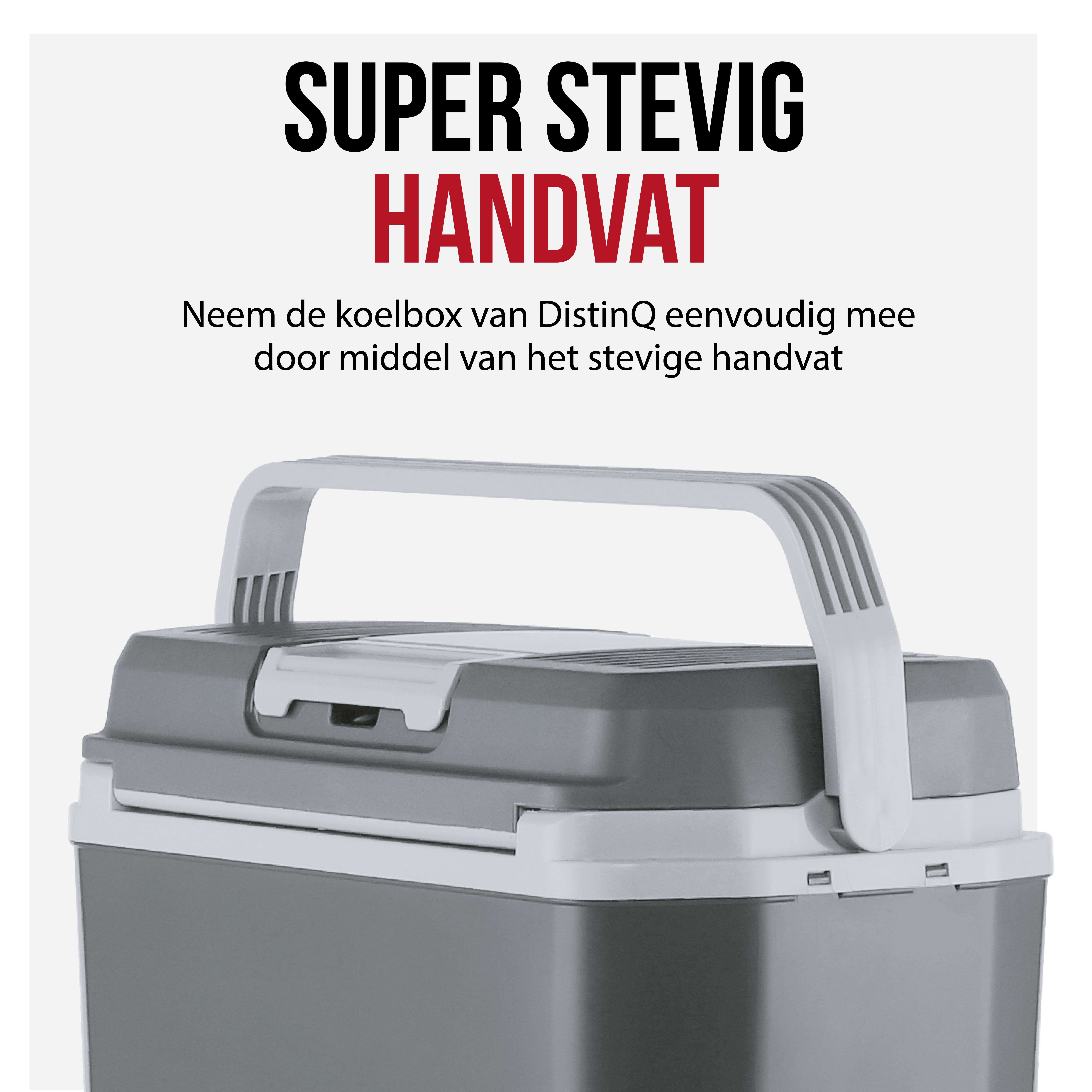 A gray and white cooler with a handle. Text says 'SUPER STEVIG HANDVAT' (SUPER STRONG HANDLE).