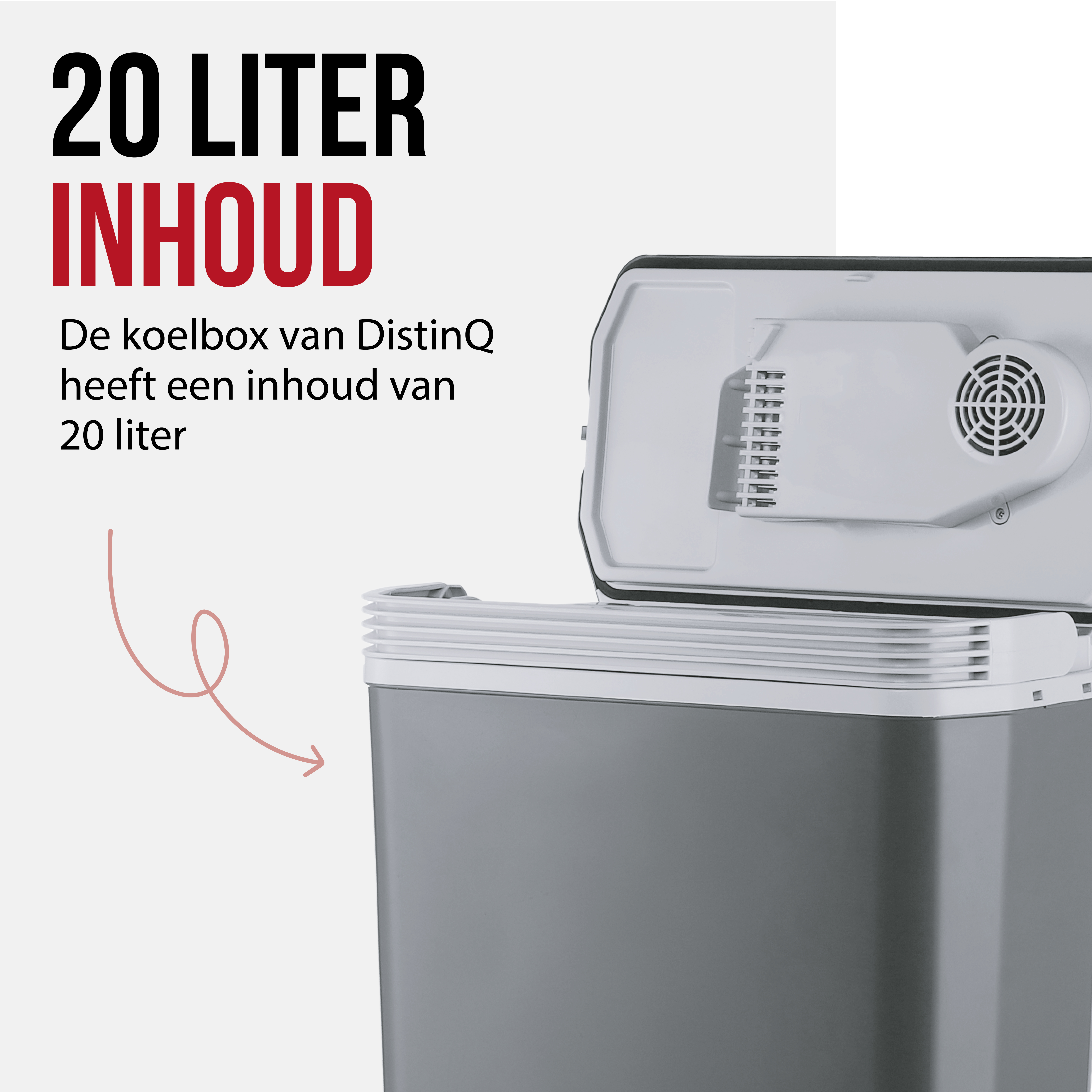 Gray cooler, partially open. Text: 20 liter capacity.