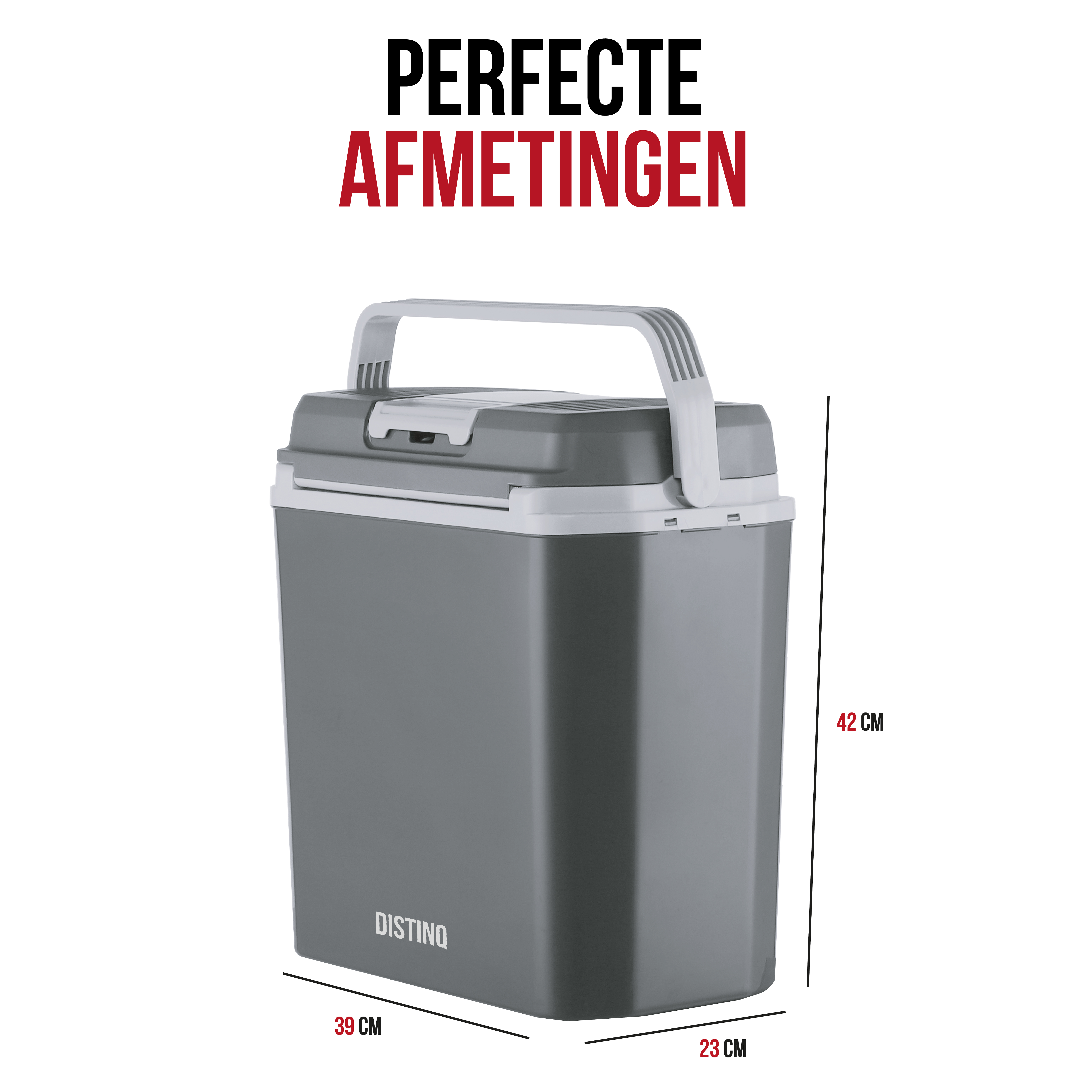 Gray cooler with a handle and dimensions labeled on the side.