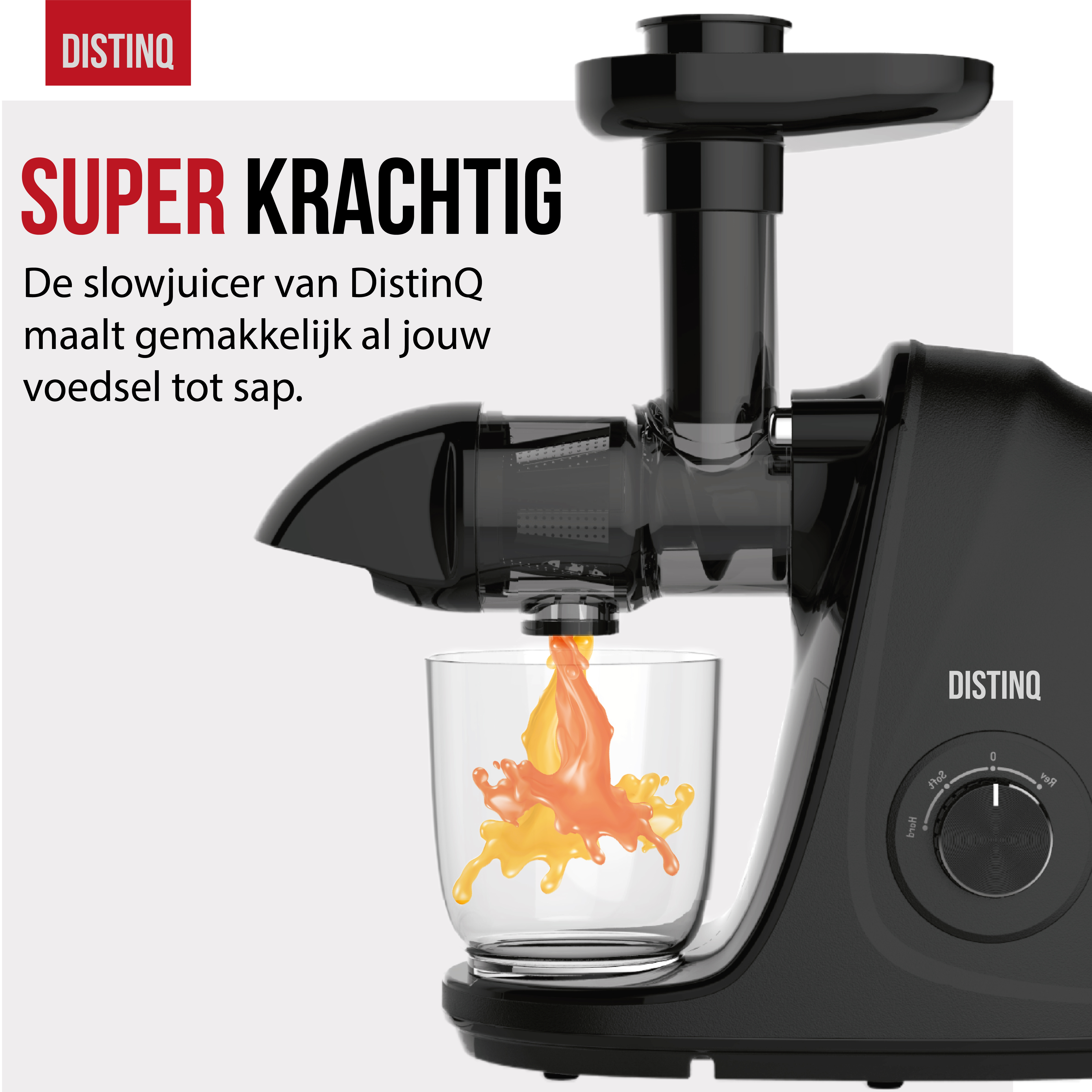 Black juicer juicing orange and yellow juice into a glass. Text: Super powerful.