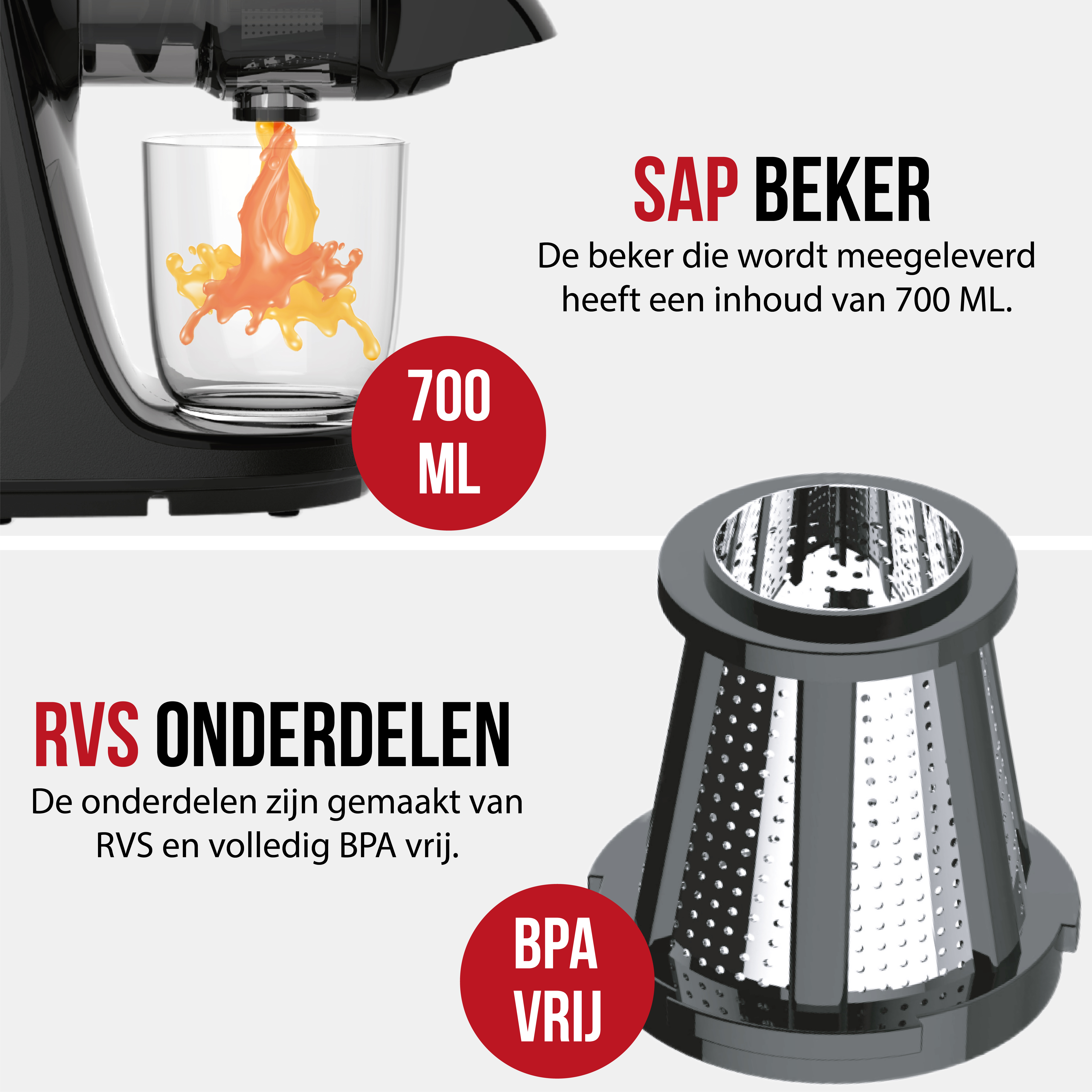 Juice being poured into a glass. Components of juicer. Text says 'SAP BEKER' (juice cup).