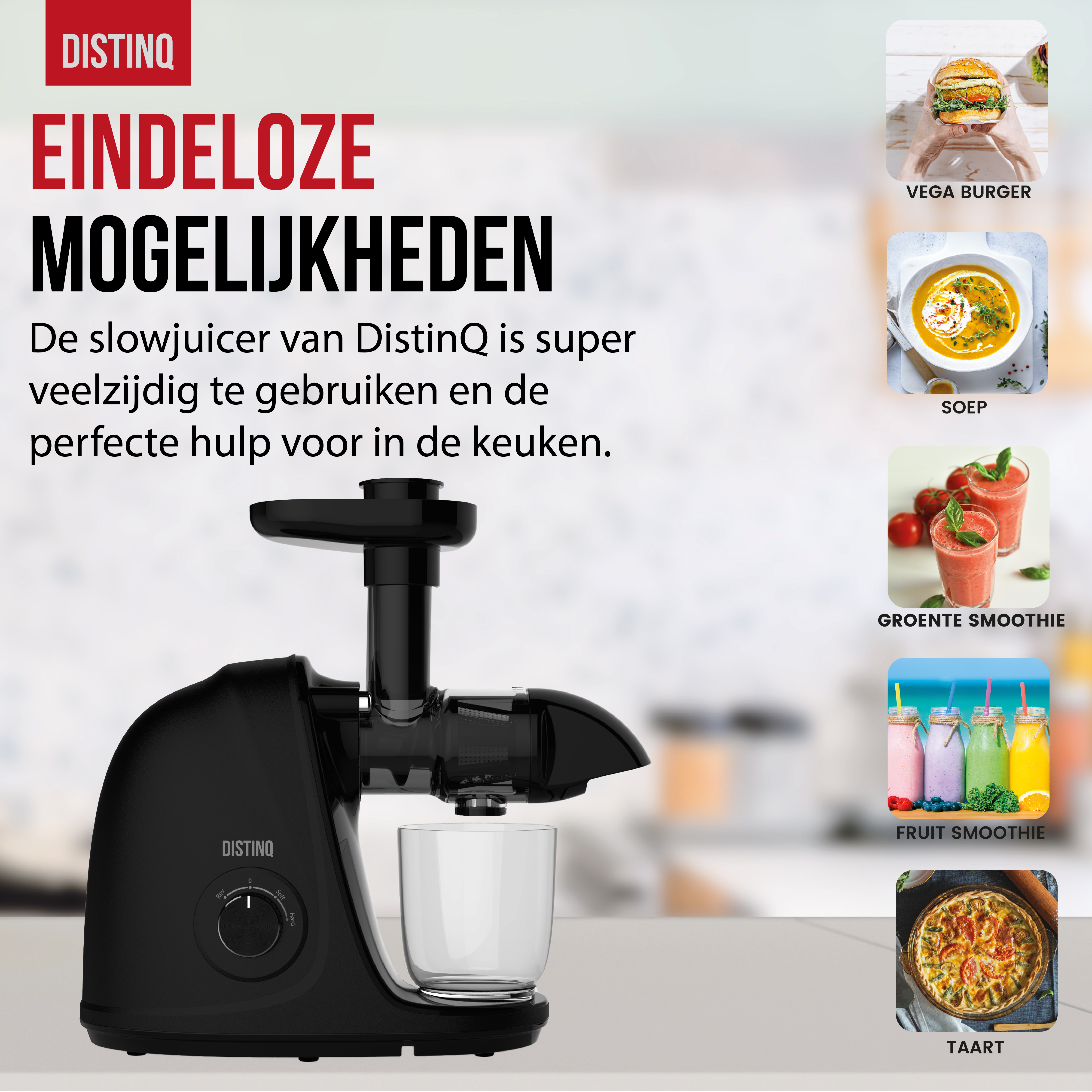 A black slow juicer with text DISTINQ. Images of vega burger, soup, smoothie, fruit smoothie and tart.